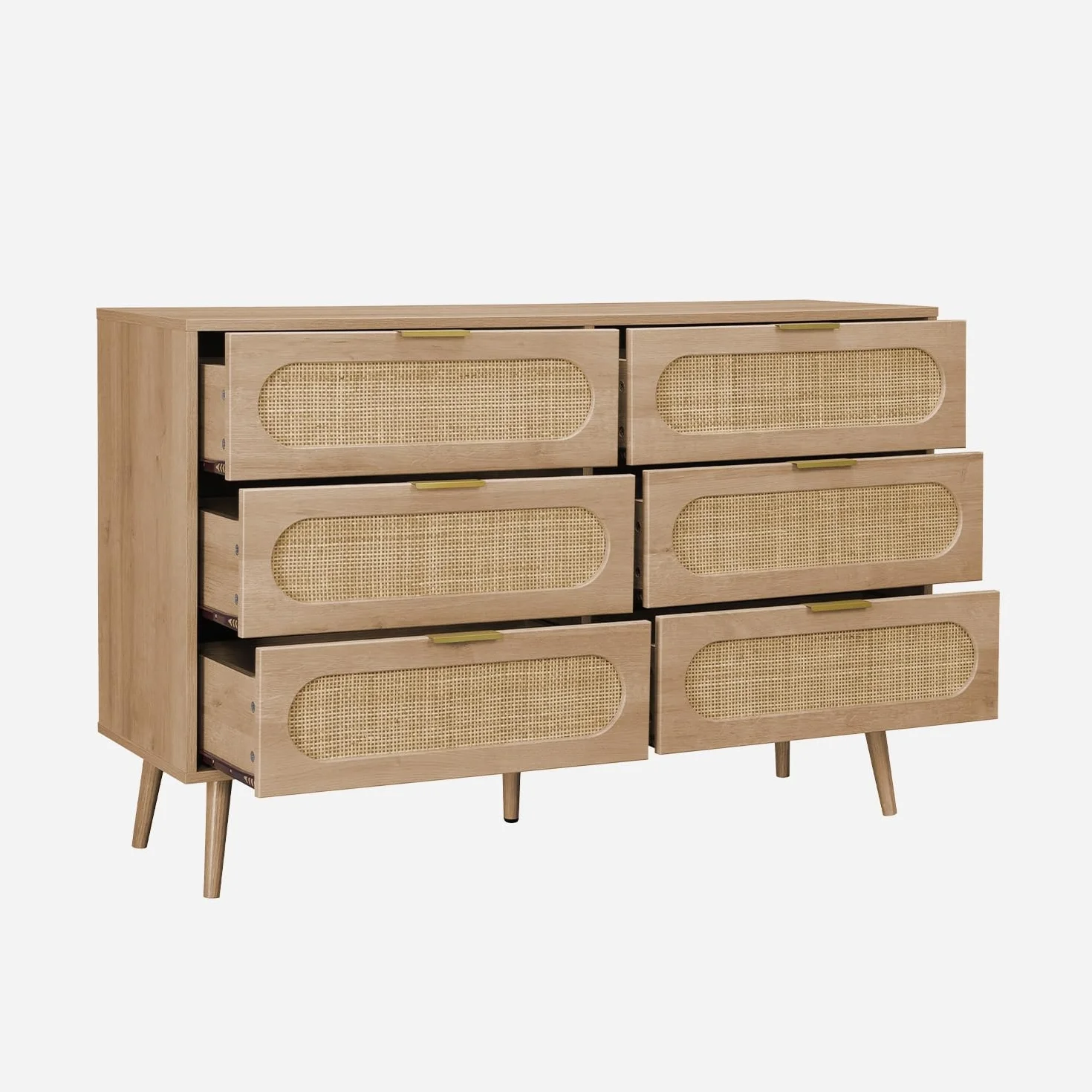 sweeek - Cómoda de Madera y caña Redondeada, 6 cajones, Eva, Natural, 120x39x79 cm