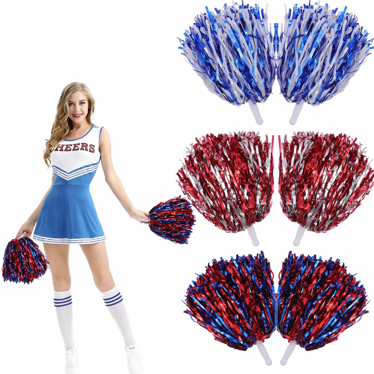 Pompones Animadora 6 Piezas con Asa Azul y Blanco Rojo y Plata Rojo y Azul para Eventos Deportivos