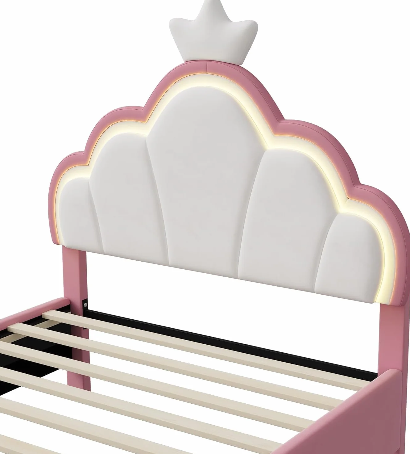 Cama infantil tapizada de 90x200 cm, cama para niñas, camaInfantil, camaPrincesa con cabecero LED ajustable y somier de láminas, camaJuvenil de madera maciza y terciopelo, sin colchón (90*200)