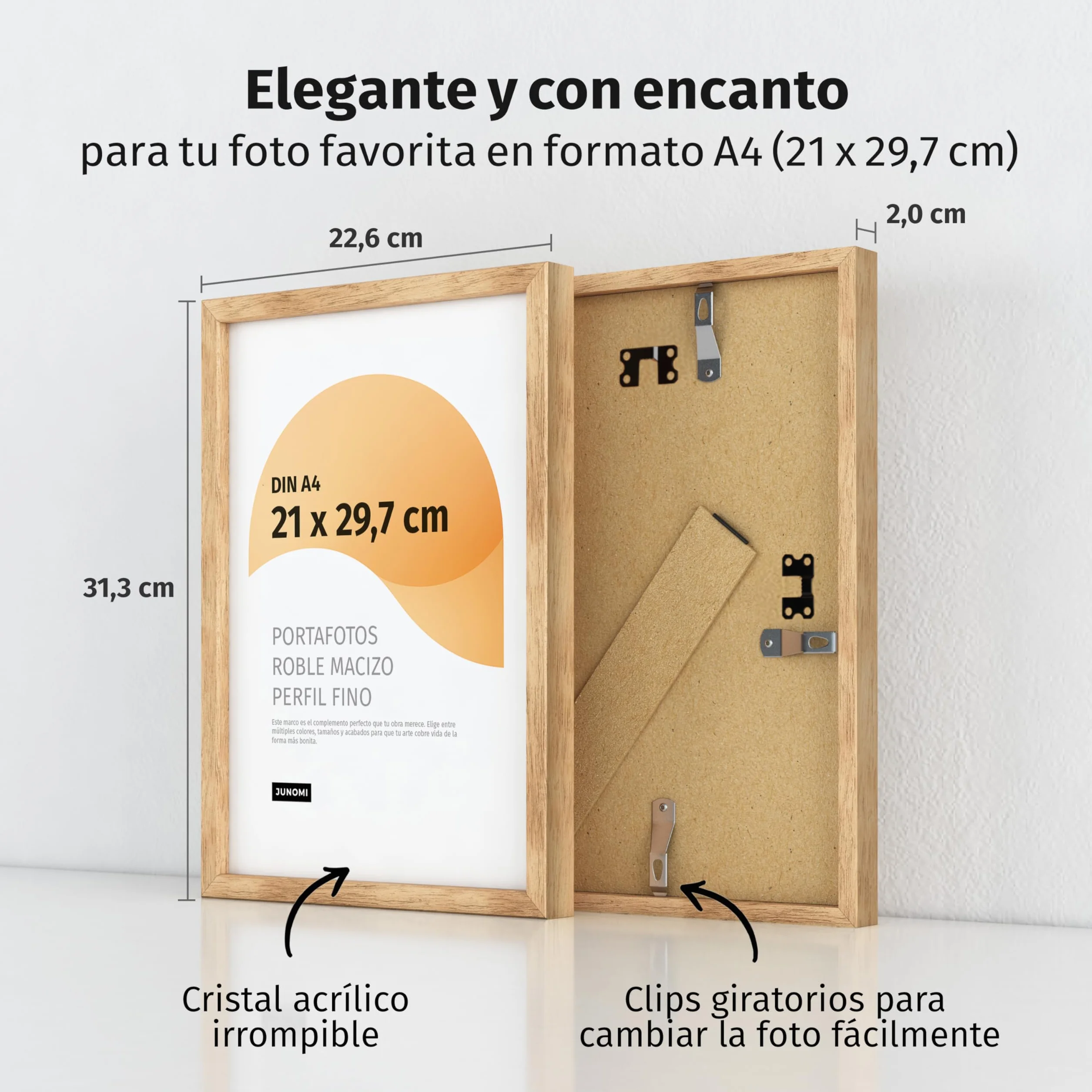 Marco de fotos Premium de roble A4 (21x29,7cm) – Madera auténtica, cristal sintético inastillable, perfil estrecho, diseño minimalista, uso vertical u horizontal