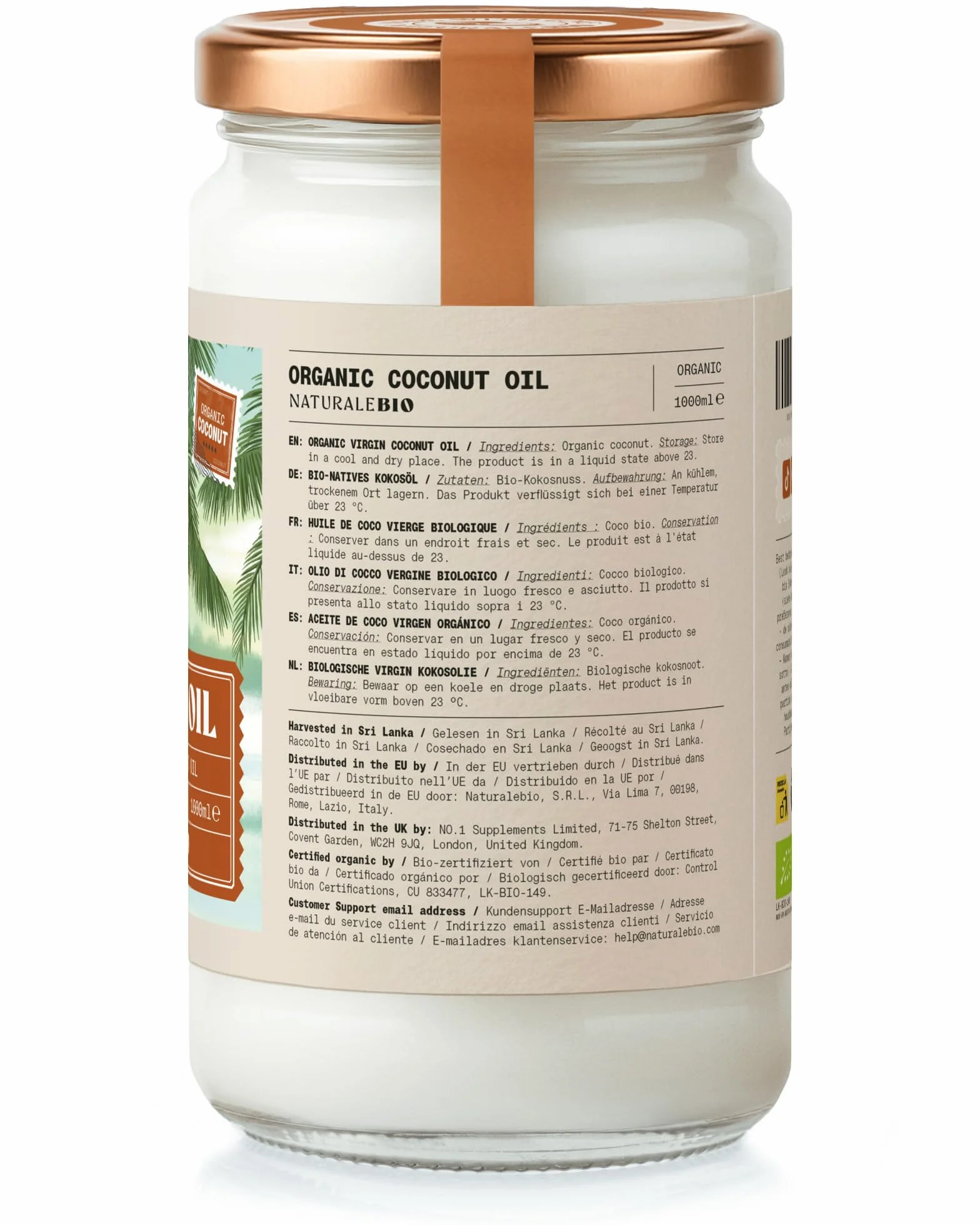 NaturaleBio Aceite de Coco Ecológico Virgen 1000 ml Crudo Prensado en Frío Orgánico