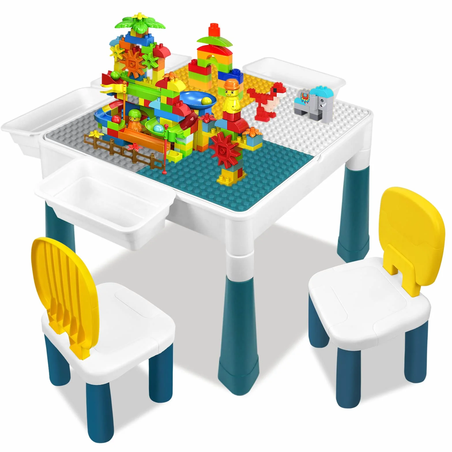 Mesa Infantil con 2 Sillas y 163 Bloques de Construcción - Juego Multifuncional para Niños