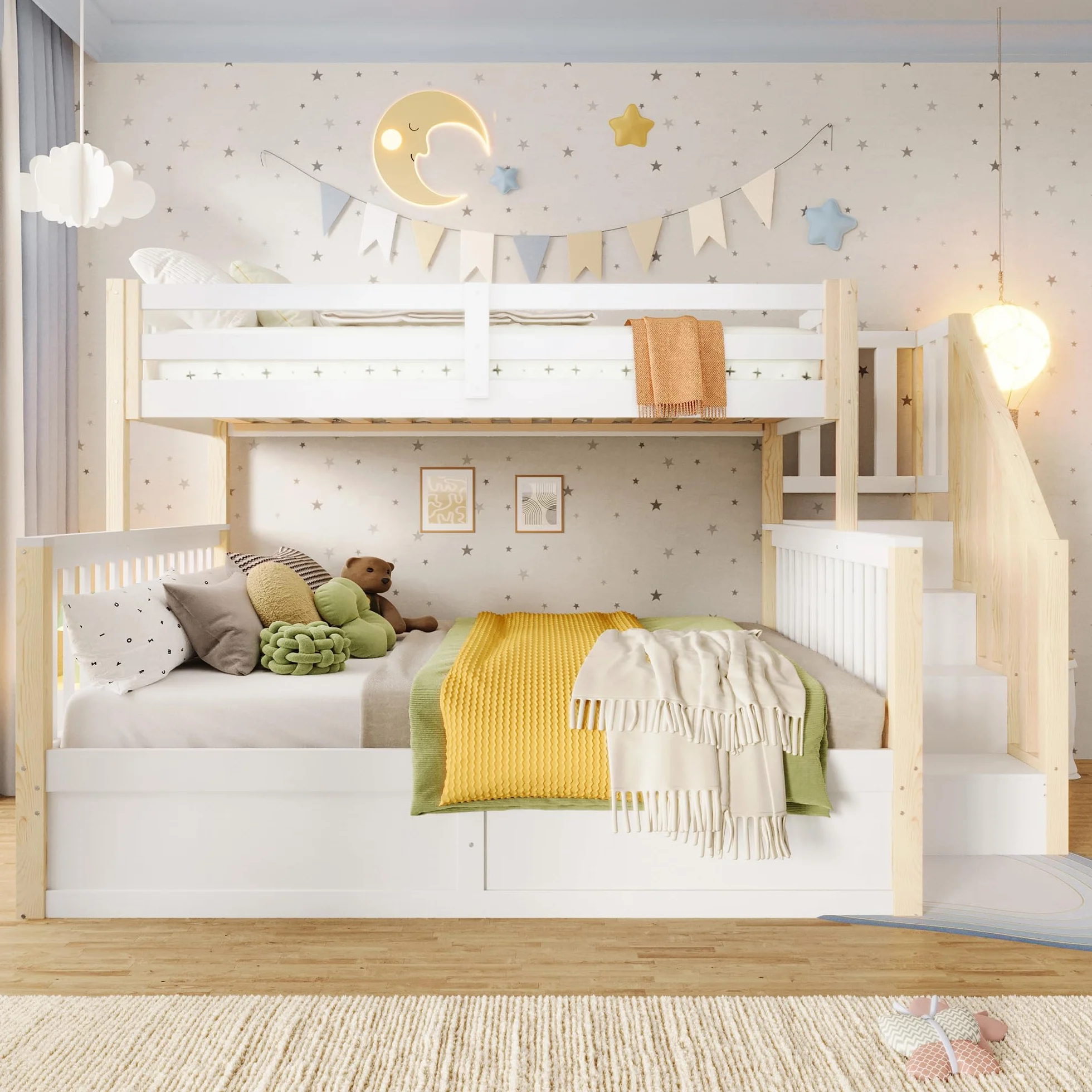 Litera 90(140) x200 cm con Almacenamiento Hidráulico y Escalera Almacenaje, Cama Litera Matrimonio para 2 Personas, Cama Infantil con Barandilla Anticaída y Lamas, Sin Colchón, Blanco+Natural