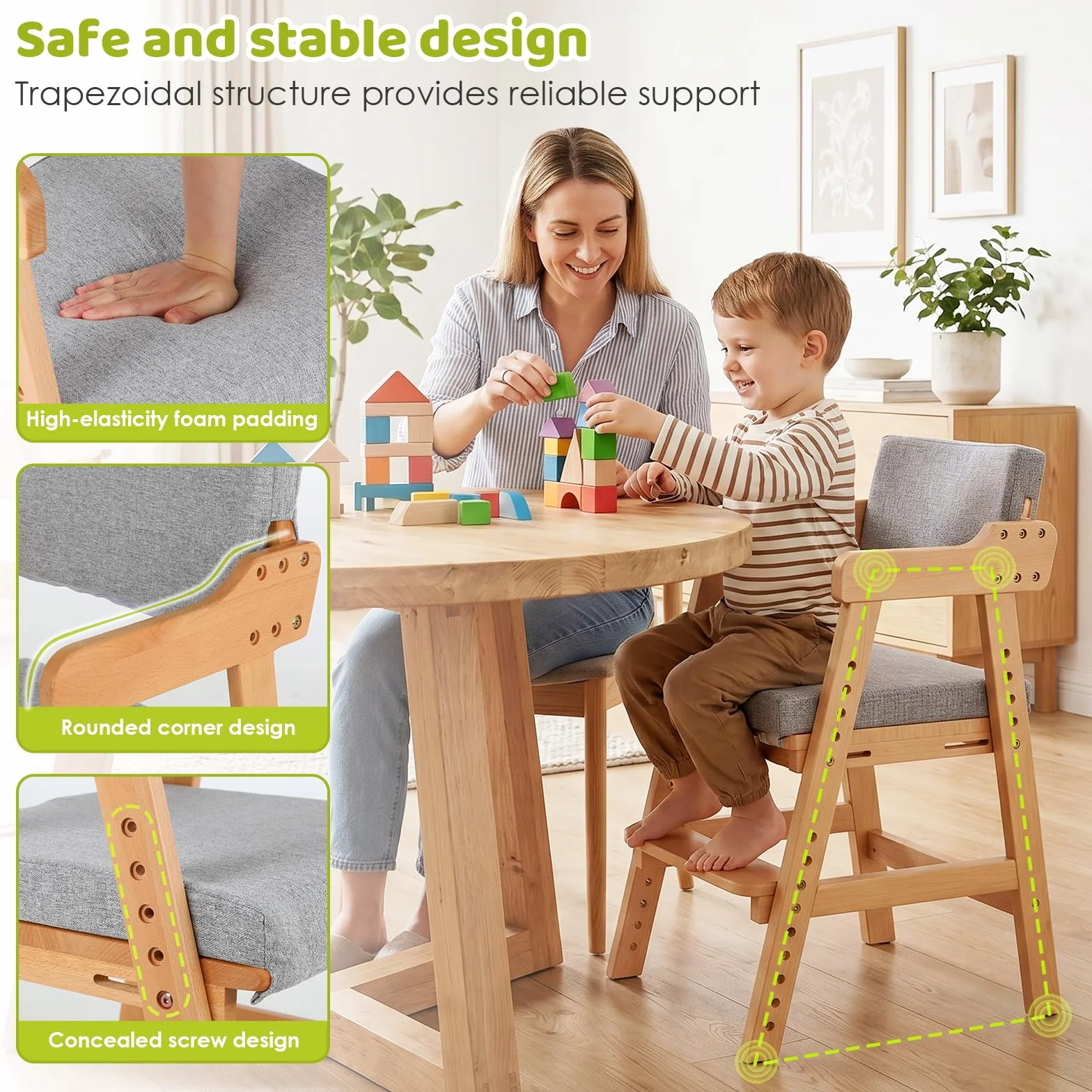 MAMIZO Silla para Niños Madera de Haya, Apta para Niños a Partir de 3 Años, con Altura Regulable y Cojín Cómodo, Silla de Comedor con Soporte hasta 120 kg, para Estudiar y Comer, Color Madera Natural