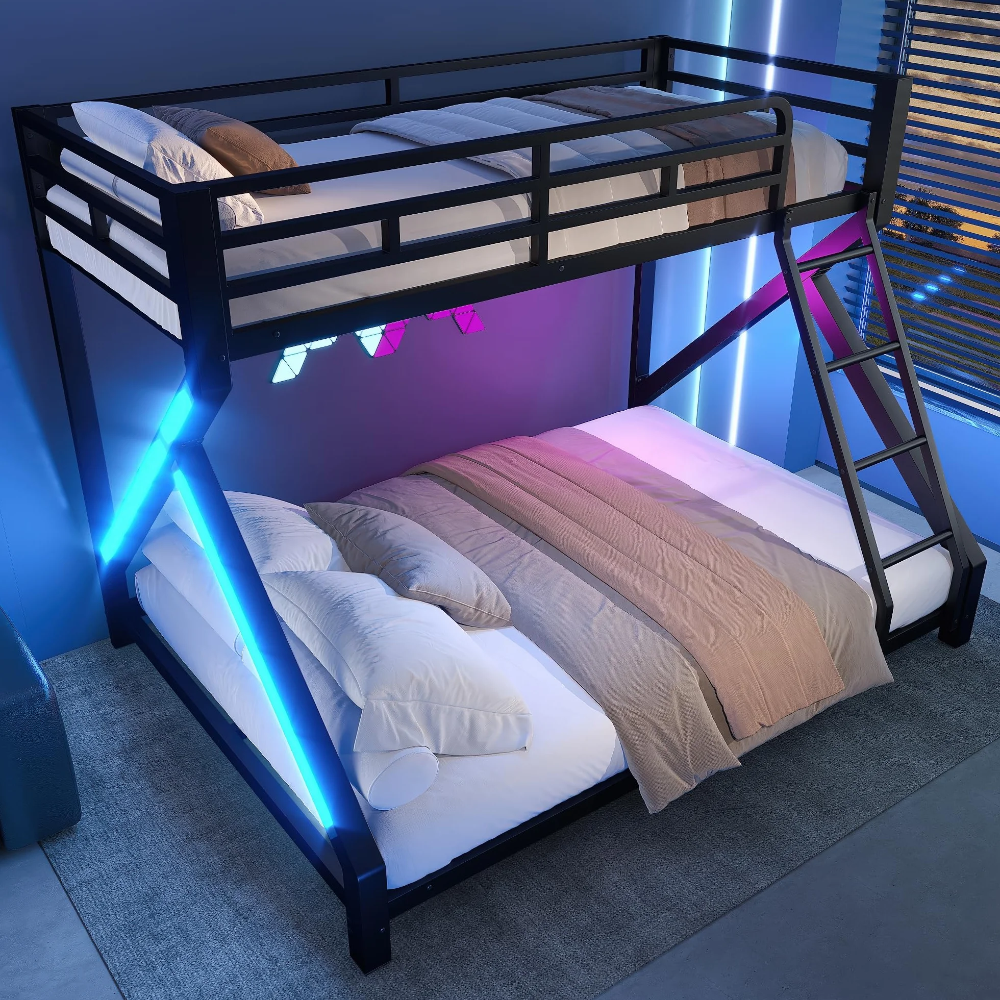 Litera con LED para niños y adultos, cama infantil con barandilla y escalera, hierro 90x200+140x200 cm, negro