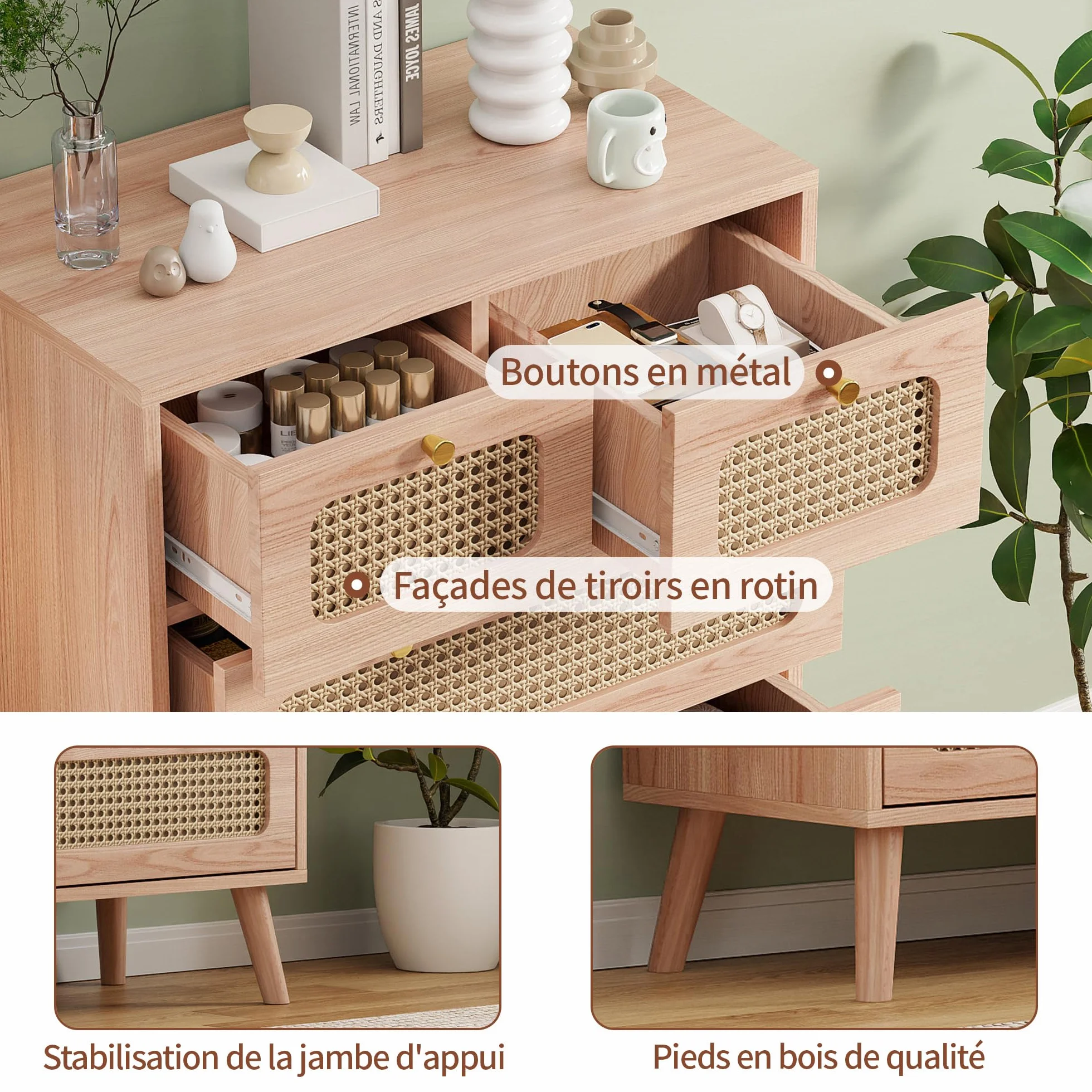 FOERPL Cómoda con 6 Cajones, 100 x 34 x 73 cm, Cómoda de Madera y Ratán, Mueble de Almacenamiento de Madera para Oficina, Salón o Dormitorio, Ratán PE