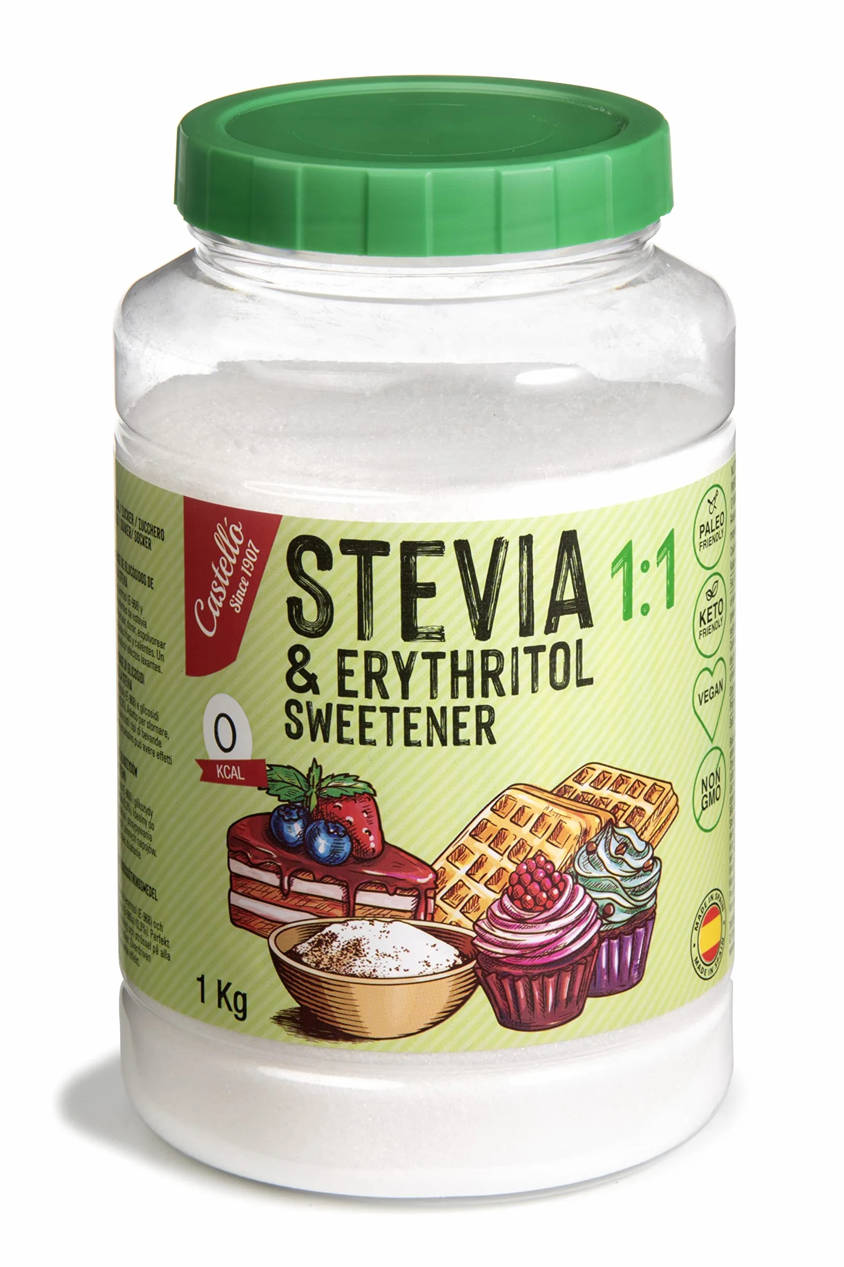 Castillo Stevia Eritritol 1:1 1 kg Sustituto del Azúcar 100% Natural 0 Calorías Keto Paleo No OGM