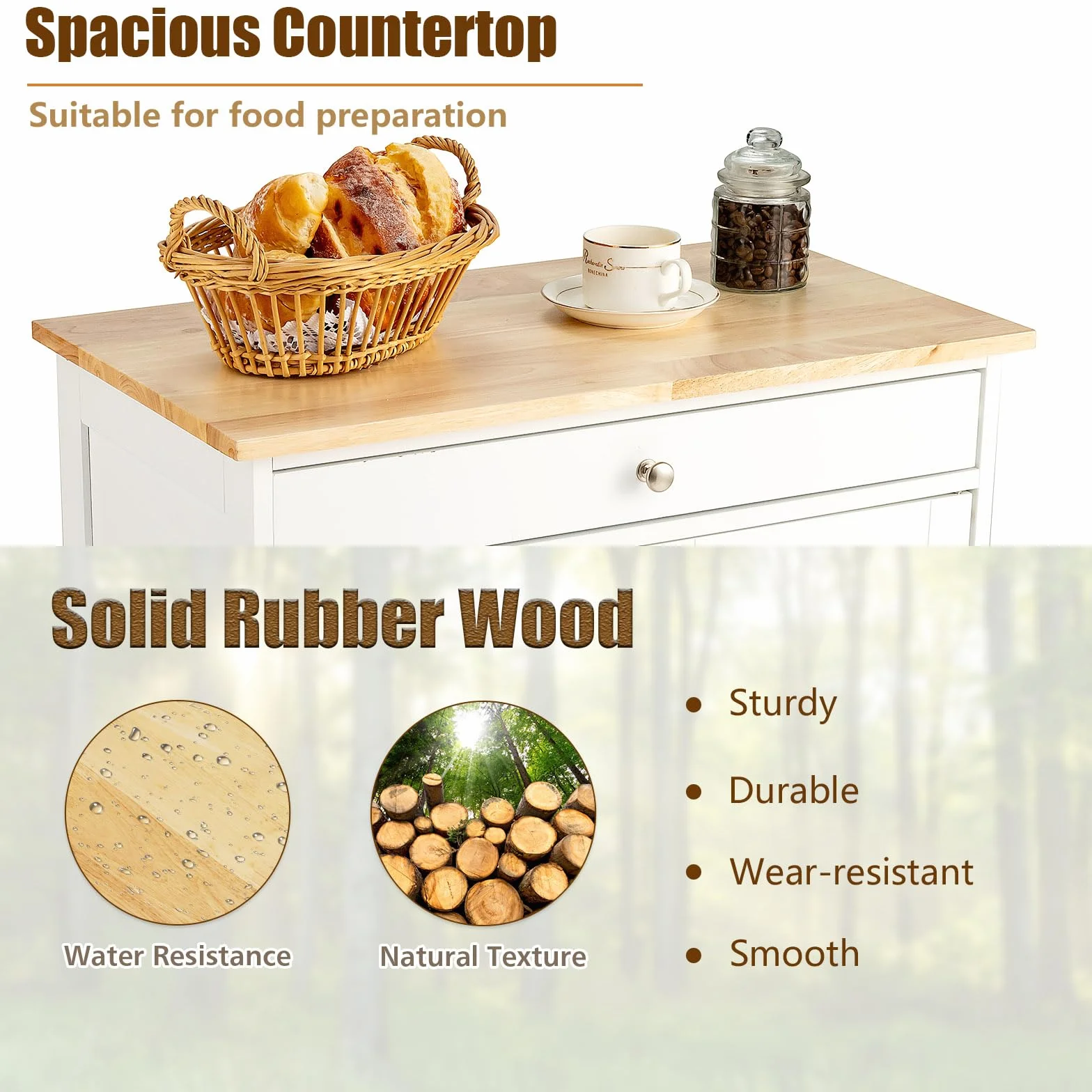 KOMFOTTEU Carro de Cocina de Madera, Carrito de Servicio con Ruedas, Mueble Isla Móvil con Cajón, Botellero de 3 Niveles y 2 Armarios, para Comedor, Bar, Restaurante, 67 x 37 x 86 cm (Blanco)