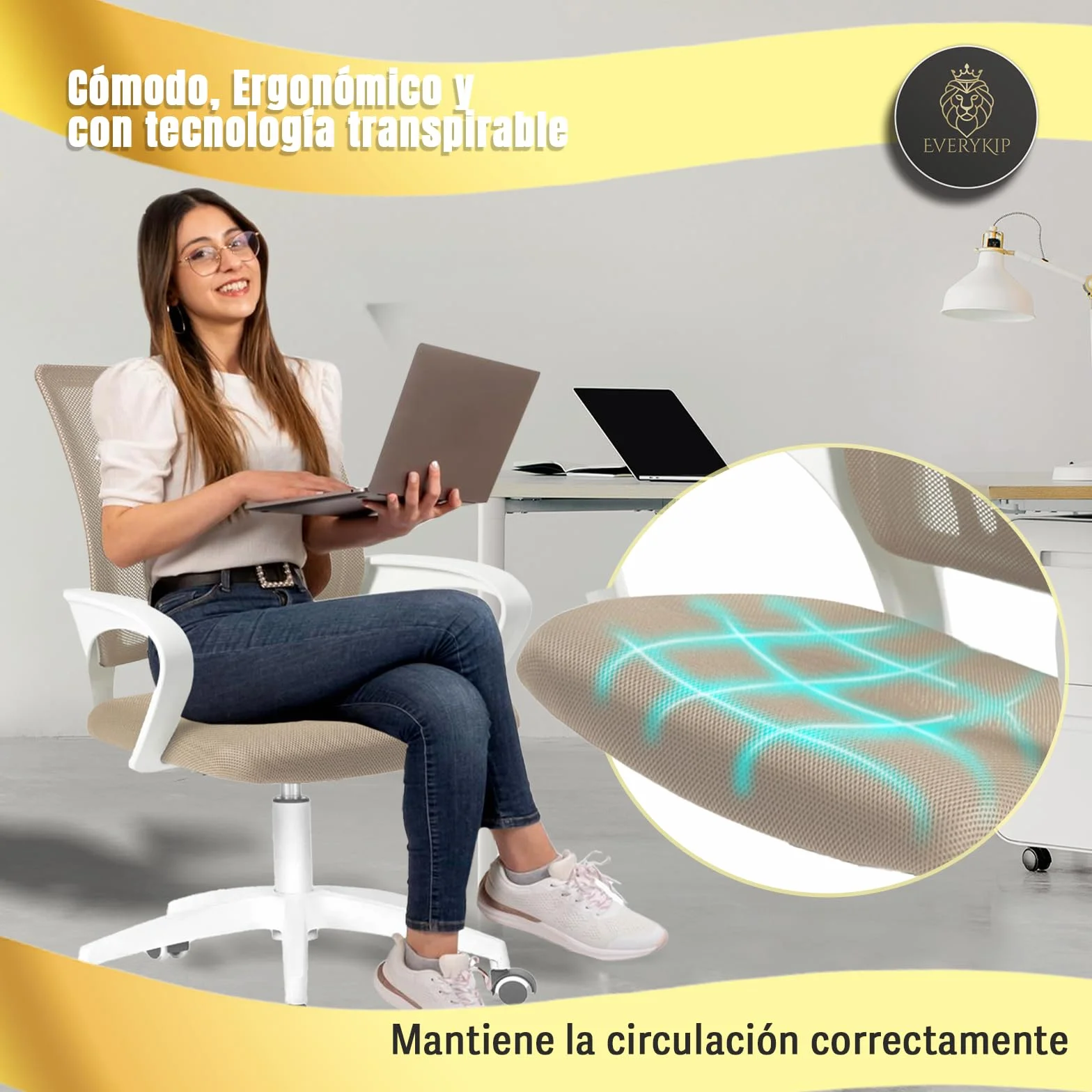 EveryKip Original® Silla Escritorio Ergonomica Ajustable con Apoyo Lumbar| Ruedas Anti-Arañazos 360° | Sillas Oficina Ejecutiva Transpirable | Office Chair (Beige)