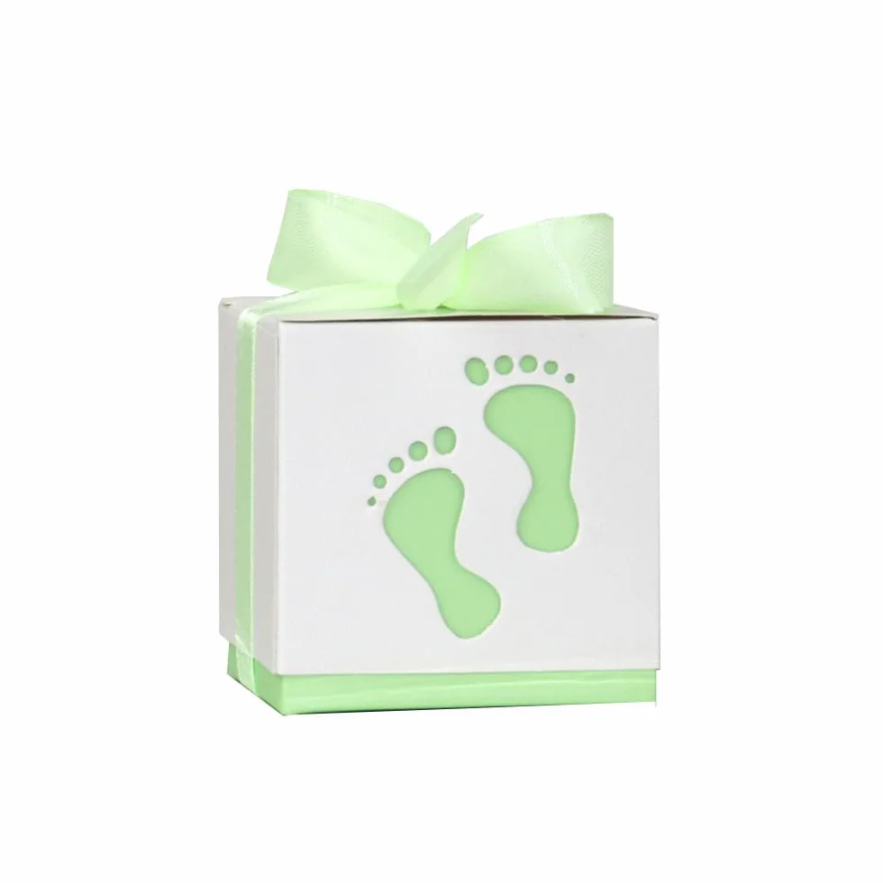 100 cajas de regalo, caja de dulces con huella de bebé, caja de bautizo de bebé con cinta, caja de bombones, caja de regalo para baby shower, cumpleaños, boda, bautizo, nacimiento, fiesta, verde