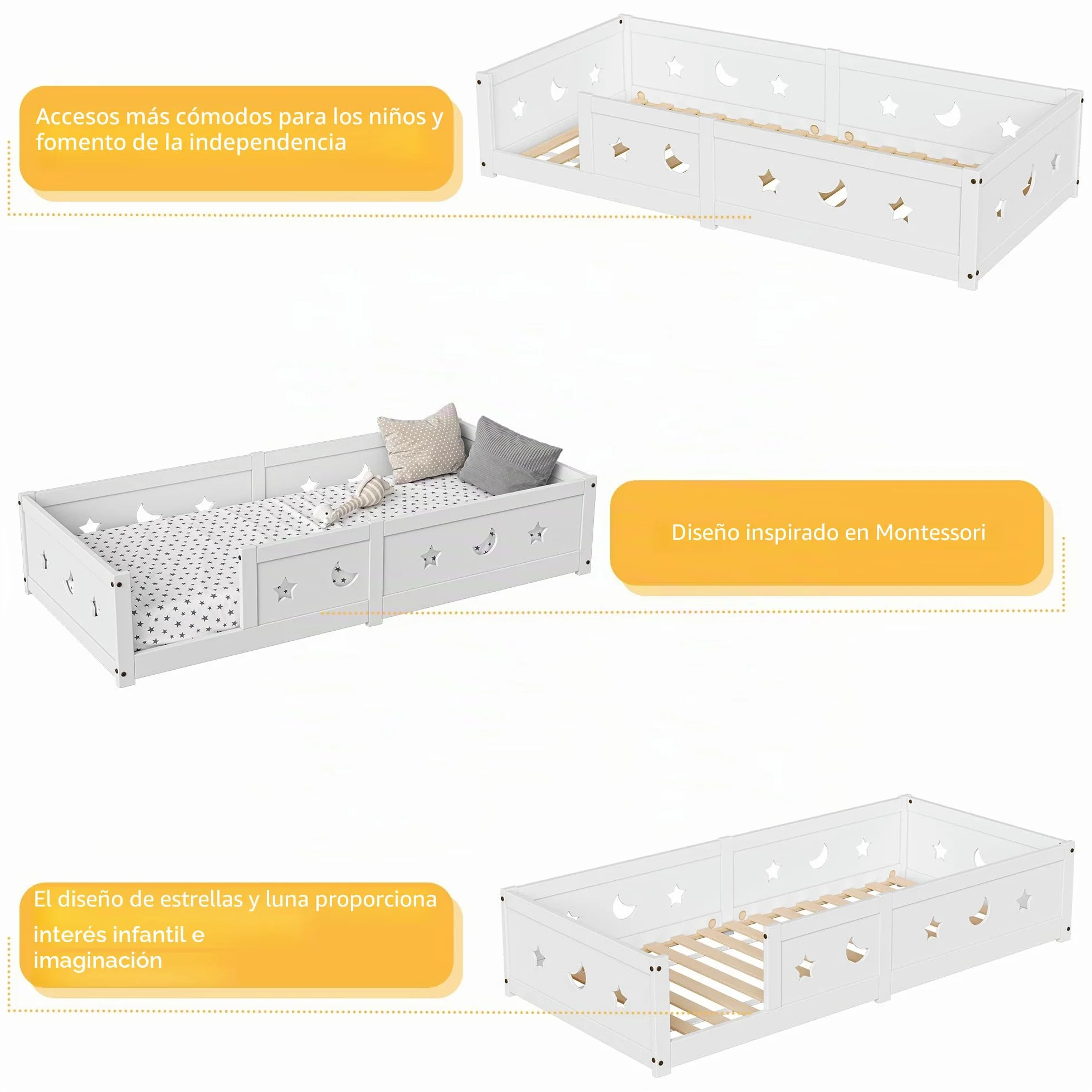 Montessori - Cama de suelo de 90 x 200 cm, con protección anticaída y somier de láminas, diseño de estrellas y luna, cama infantil para niños y niñas, de madera de pino maciza, color blanco (blanco