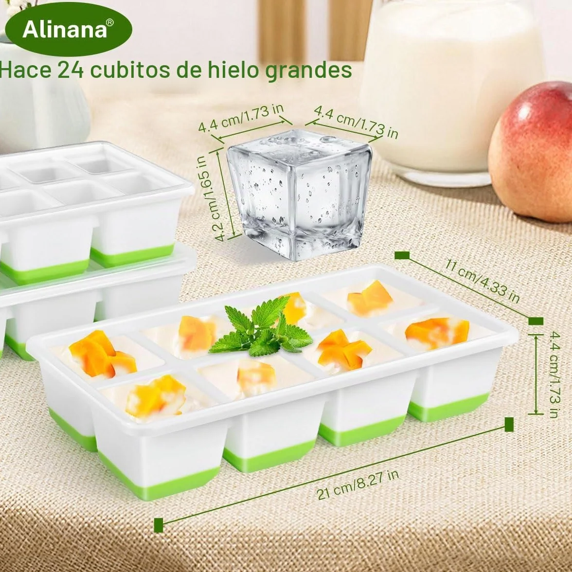 Cubiteras para Hielo Grande Alinana Juego de 3 Cubitera Silicona con Tapa Grandes Apilables Sin BPA Capacidad 24 Cubitos
