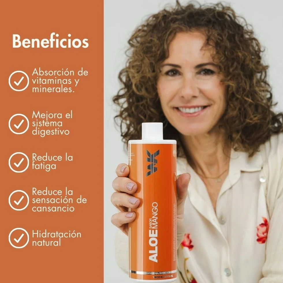 Weekontrol Aloe Vera Puro 99% Zumo sin Azúcares Añadidos Sabor Mango y Mandarina Bebida Digestiva e Hidratante 480ml