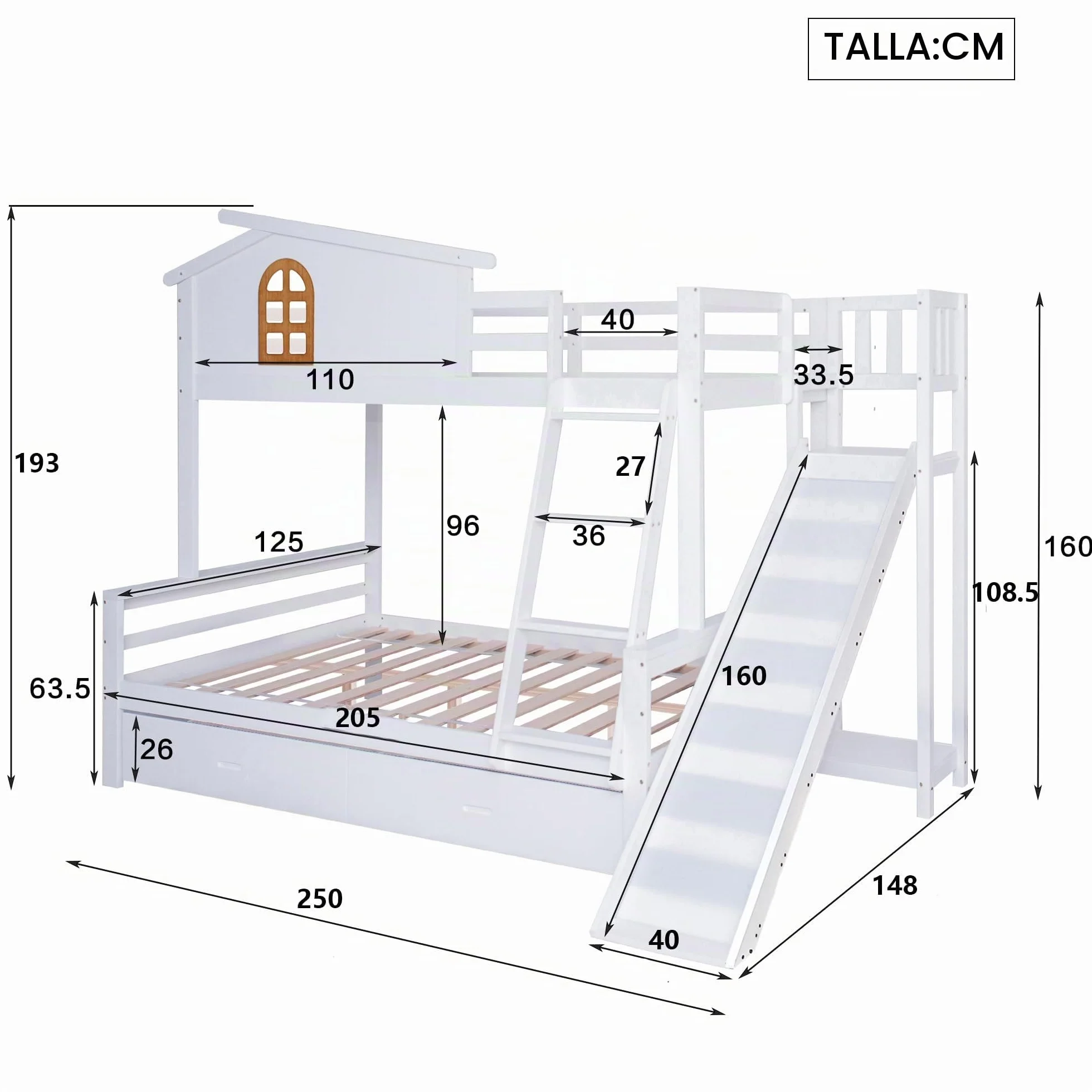 Moimhear litera con ventanas características y escalera basculante de cuatro niveles, cama para niños y madre con tobogán, con dos cajones, estructura de cama de madera maciza, color blanco, 90x200 y