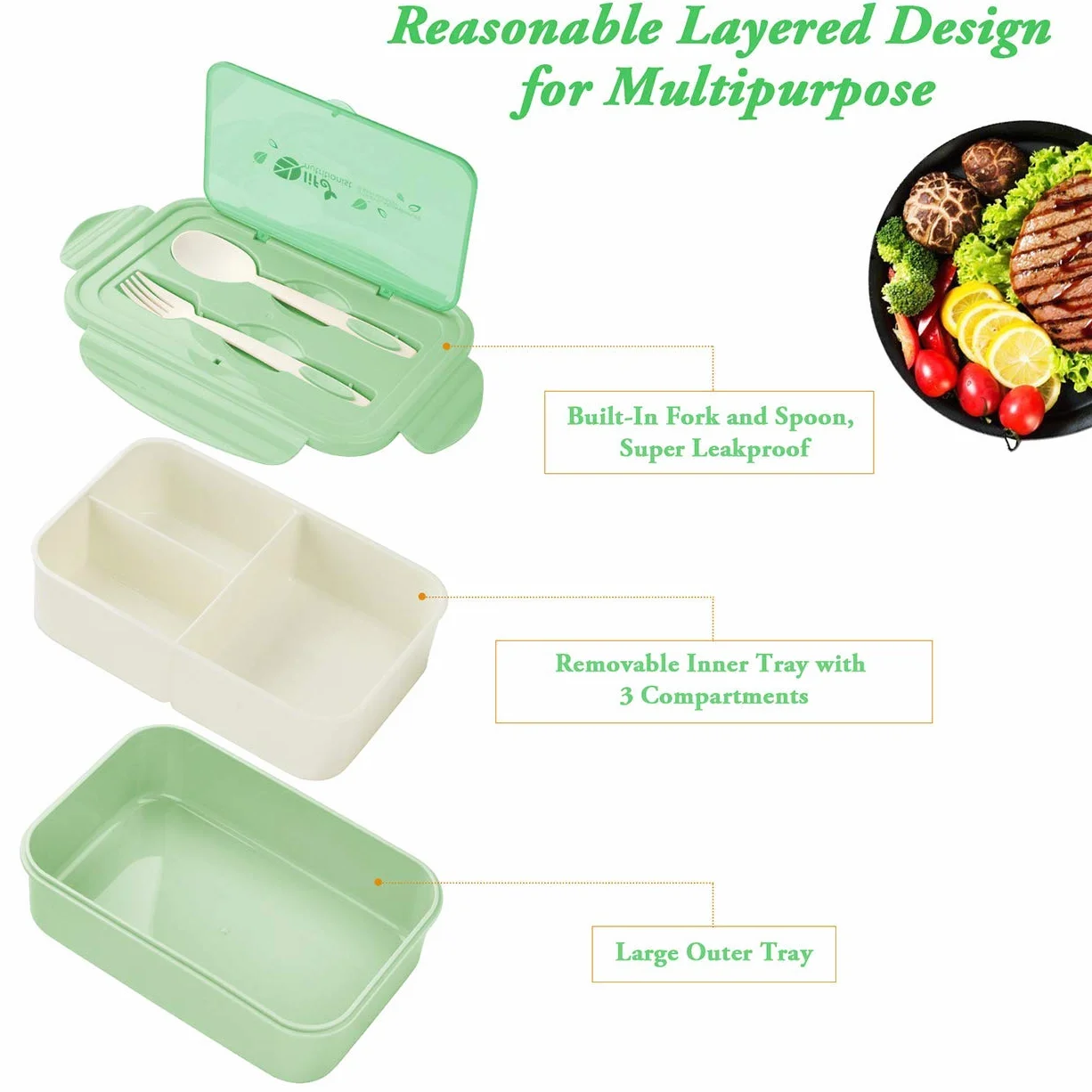 BIBURY Fiambrera Bento Box para adultos y niños, a prueba de fugas, 1400 ml, fiambrera con 3 compartimentos y cubiertos, apta para microondas, para escuela, trabajo, pícnic, viajes (verde)