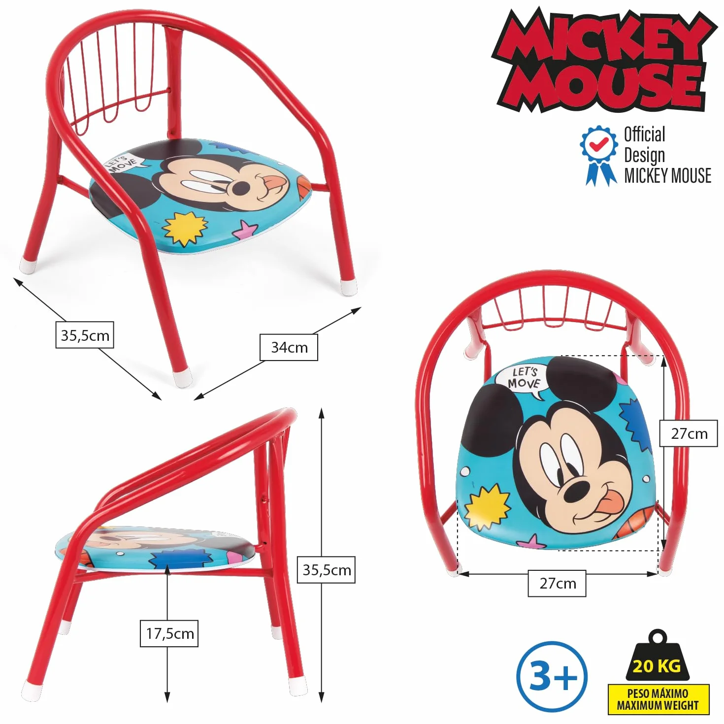 ARDITEX Silla Infantil Mickey Mouse Disney, Silla Metal 35,5 x 30 x 33,5 cm Roja