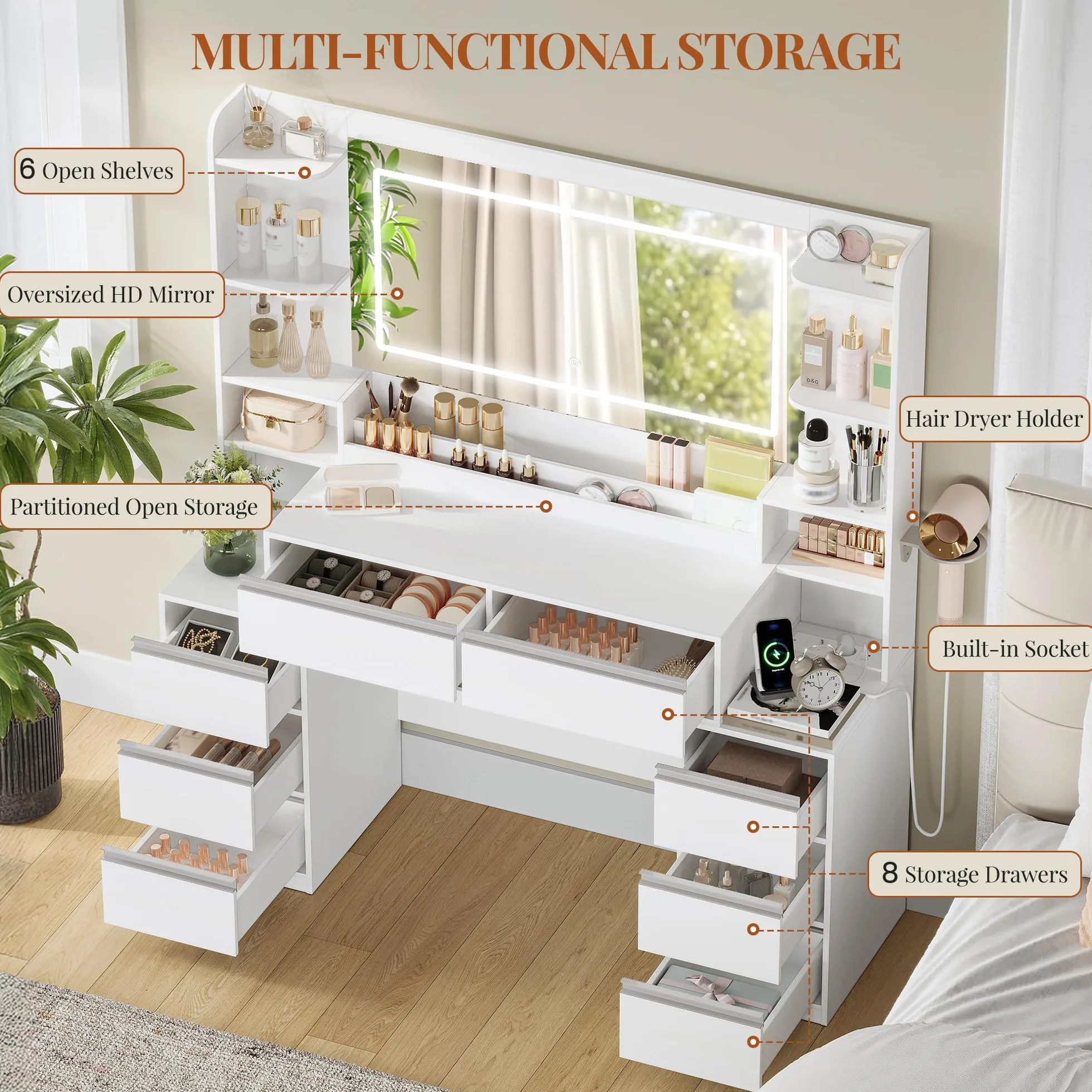 HEXCELEN 135 cm Tocador Grande, Tocador de Maquillaje con Luz LED, Grande Espejo, Mesa de Maquillaje con Prácticas Tomas de Corriente, 8 Cajones, Estantes Abiertos Mesa, Blanco-Plata