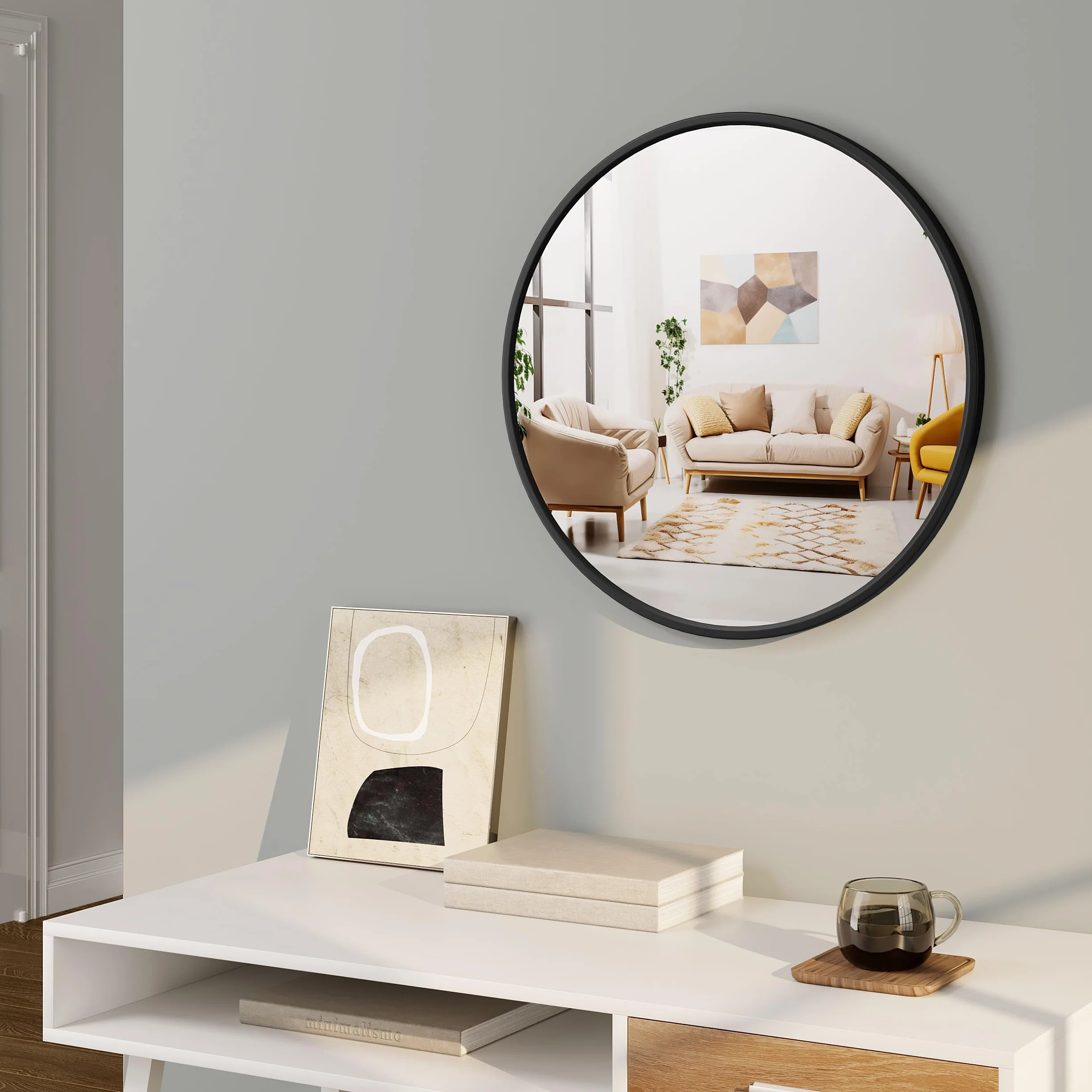 WOLTU Espejo Pared, Espejo Baño, Espejo Decorativo de Baño o Tocador con Marco Metálico Negro, Cristal HD sin Distorsión, Estilo Moderno para Dormitorio, Entrada o Salón, 60 cm