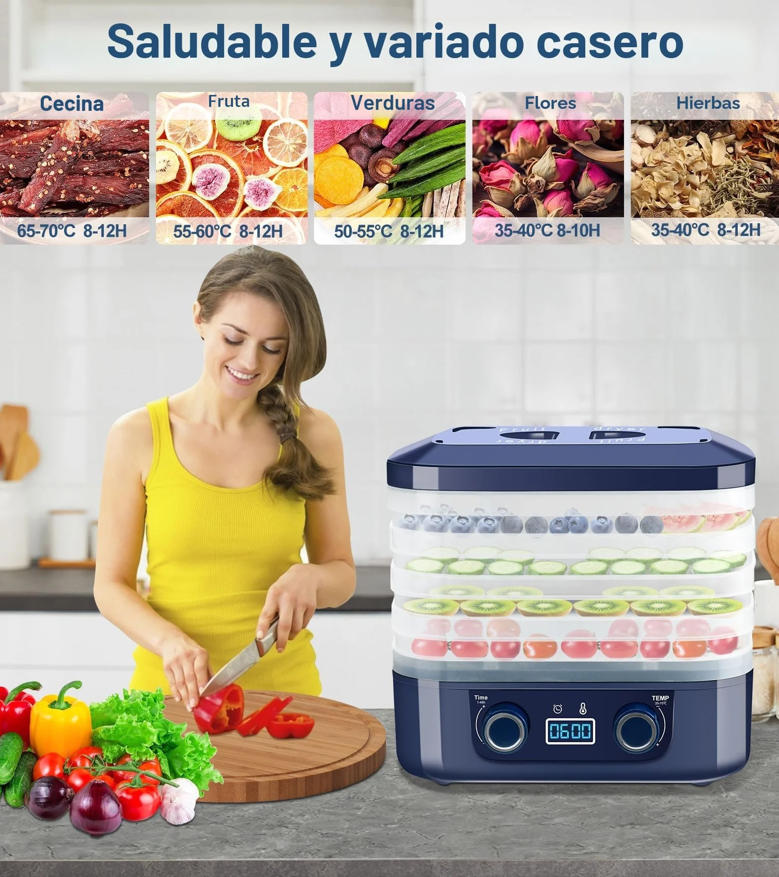 DeeprBling Deshidratador de Alimentos 5 Bandejas Desmontables Control de Temperatura 35-70°C Temporizador 48 Horas Frutas Verduras Pantalla Digital Sin BPA