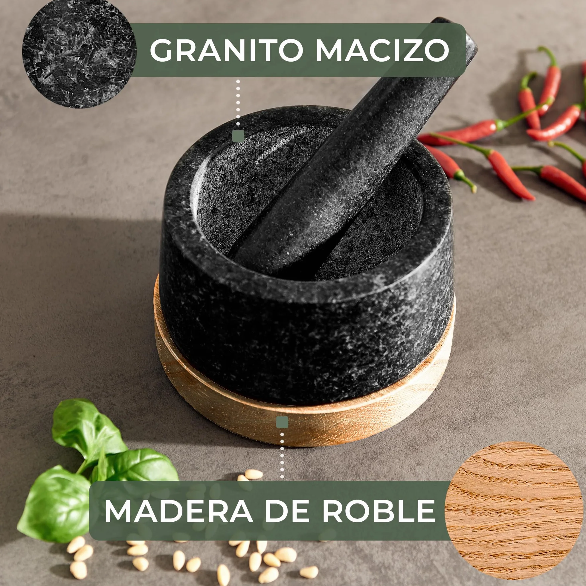 WALDWERK Mortero con Mano (14 cm de diámetro) – Mortero cocina sobre una base elegante y estable de madera de roble – Mortero piedra con mazo extra largo de granito natural