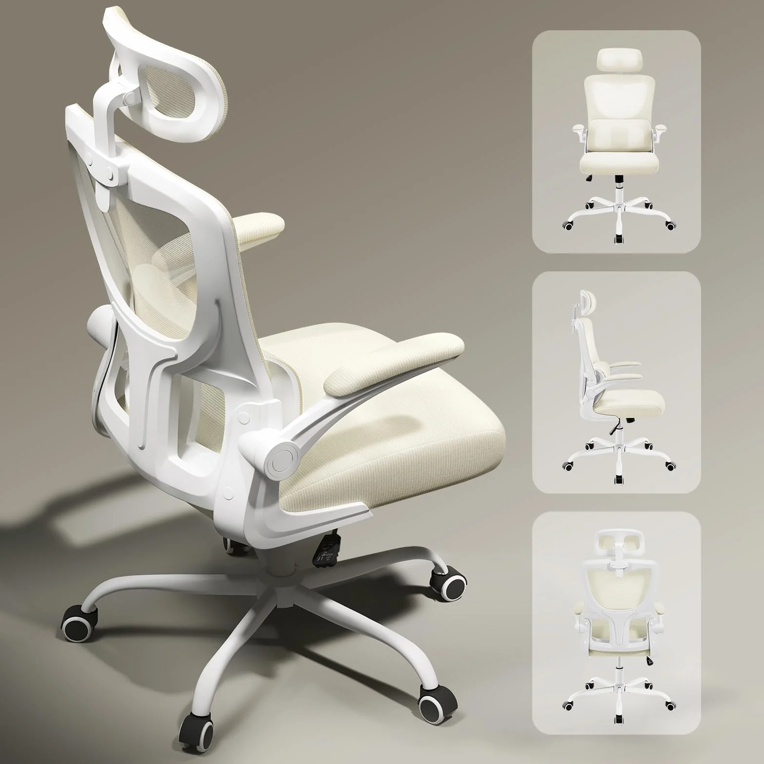 WOLTU Silla Oficina Ergonómica, Sillas Escritorio con Reposabrazos, Reposcabezas y Soporte Lumbar, Respaldo Inclinable de Tela Malla, Beige