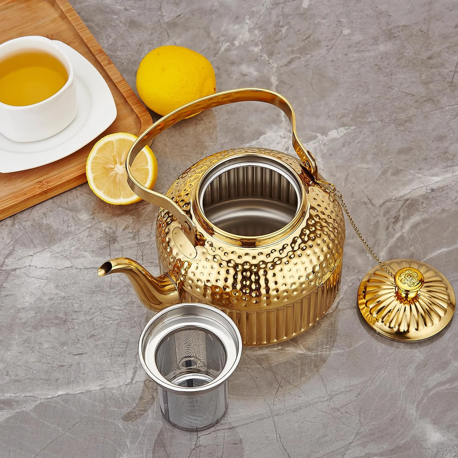 SANQIAHOME 1500 ml Tetera de acero inoxidable con infusor,antiguo,Oro