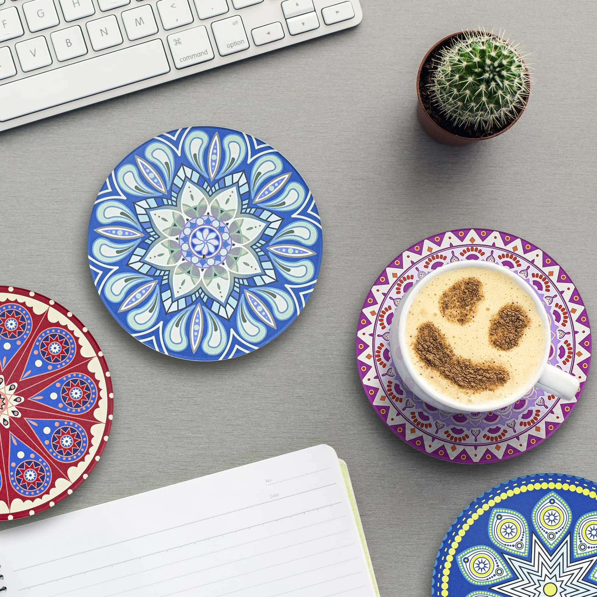 Mandala Juego 8 Posavasos Cerámica Redondos 4 Pulgadas Soporte Bebidas Absorbente Base Corcho Antideslizante