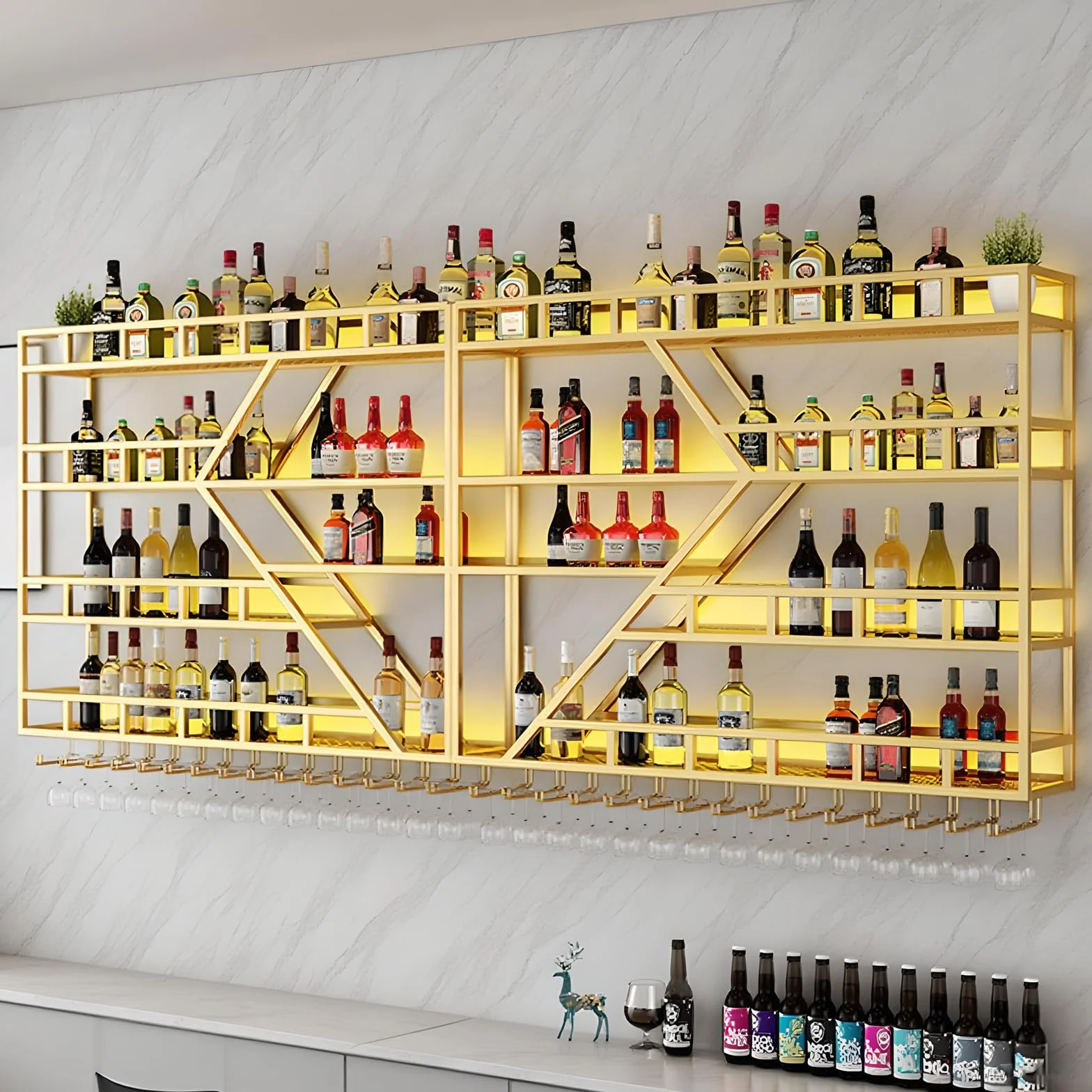 Botellero de Pared Metálico para Vinos, Moderno Botellero de Pared con Soporte para Copas, Estante para Licores y Estantes de Bar para Botellas de Licor (4 Capas Gold, 160 * 20 * 123CM)
