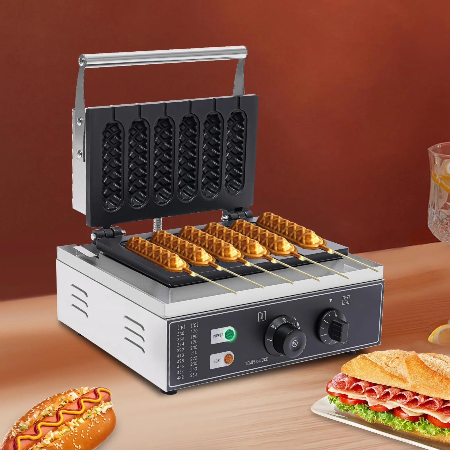 Máquina de perritos calientes 1500W 220V 6 unidades control temperatura 50-300℃ acero inoxidable