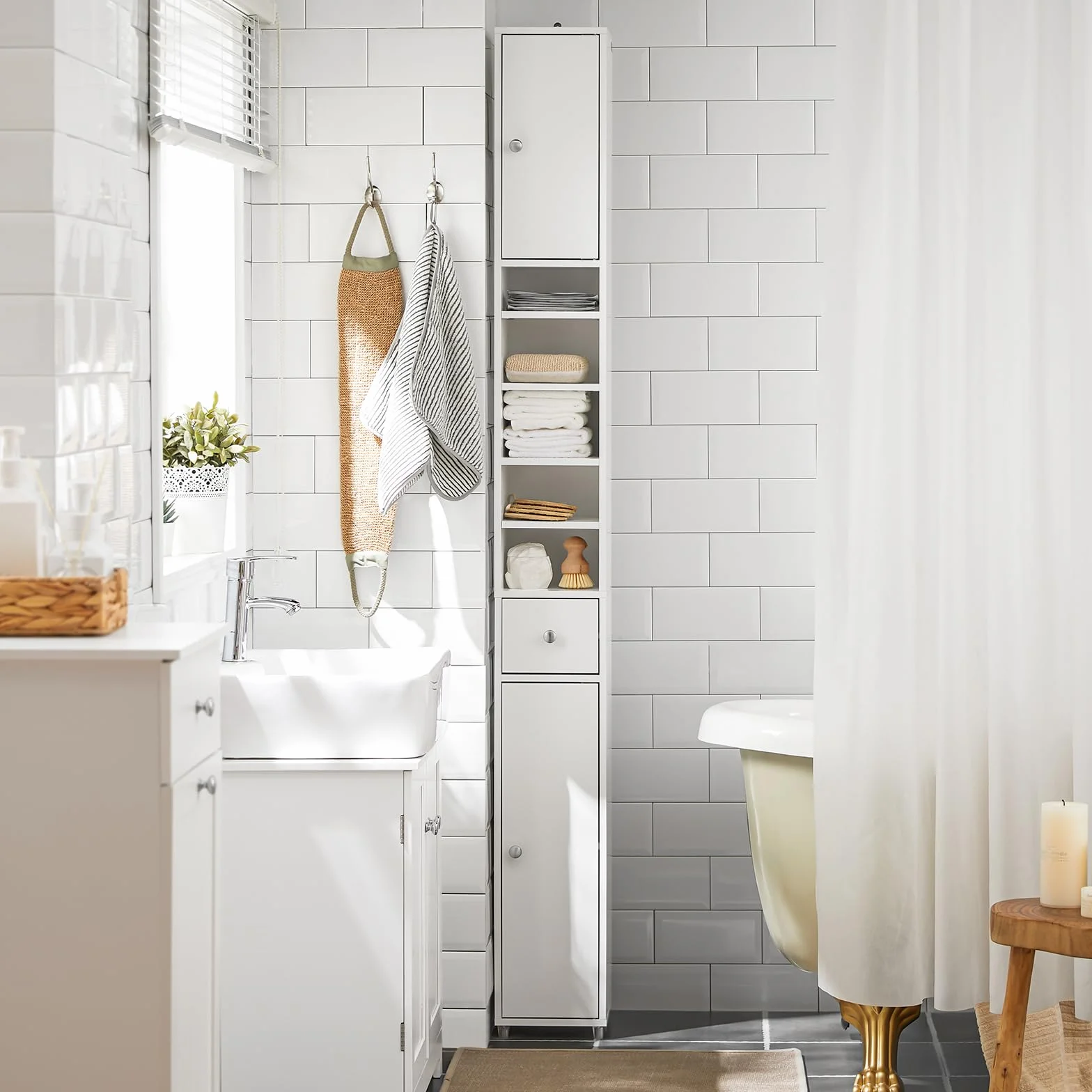 SoBuy Mueble Baño Estrecho Alto Armario Columna Auxiliar Almacenaje con Estantes Regulables Cajón 20x20x180cm BZR34-II-W