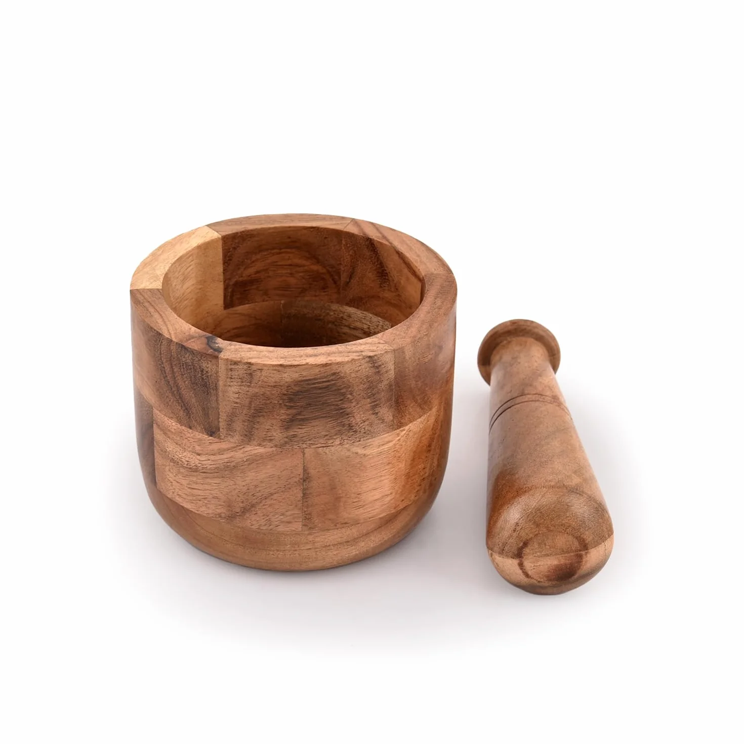 Samhita Mortero de madera de acacia hecho a mano, perfecto para moler hierbas, ajo, especias de nuez y uso esencial de cocina