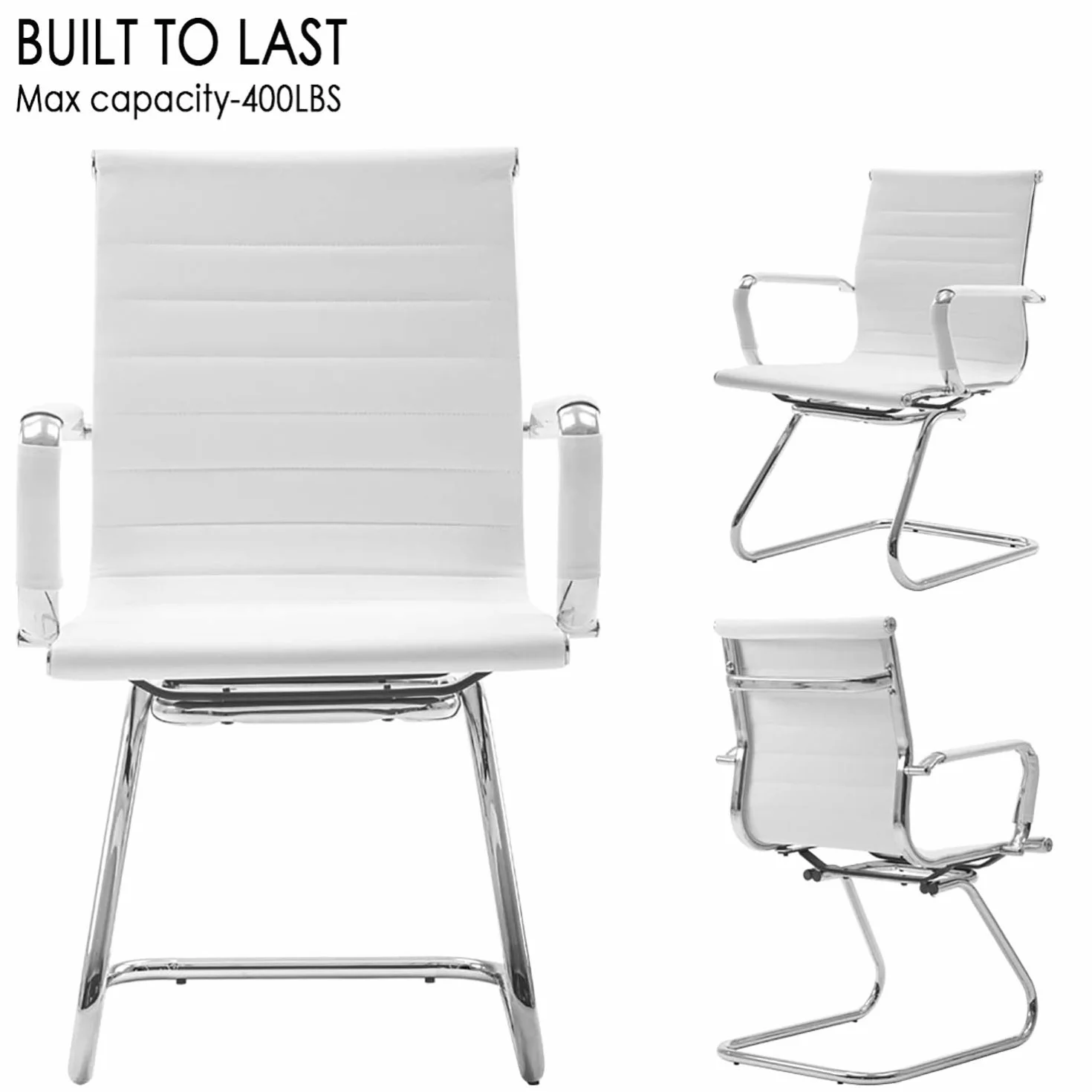 Silla de Oficina de Piel Sintética Wahson, Sillas de Recepción con Apoyabrazos Cromados, Juego de 2 Blanco