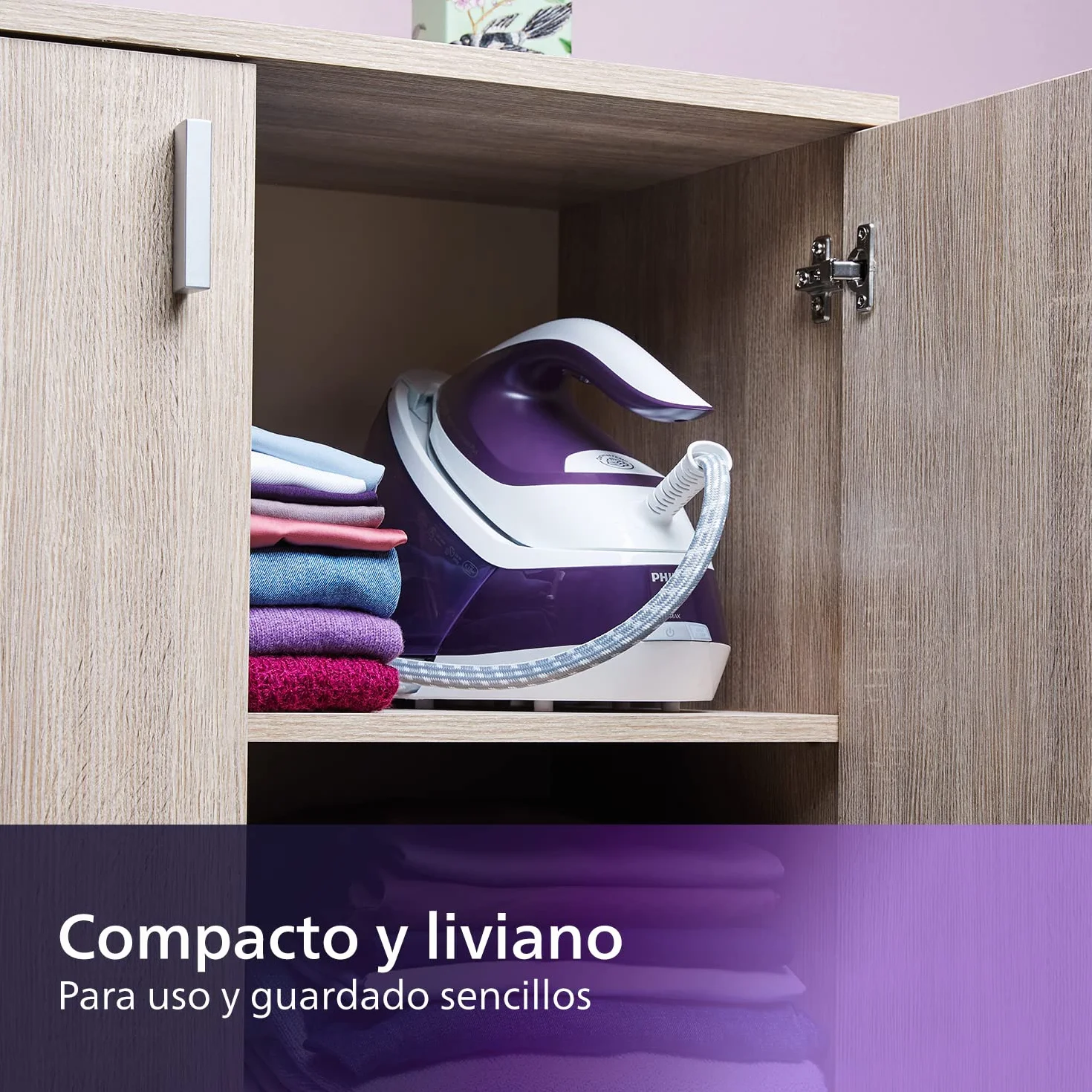 Philips PerfectCare Compact Plus Centro de Planchado - 2400W, Golpe de Vapor 450g, Presión 6.5 bar, Tec OptimalTEMP, Depósito 1.5 L, Púrpura/Blanco (GC7933/30)