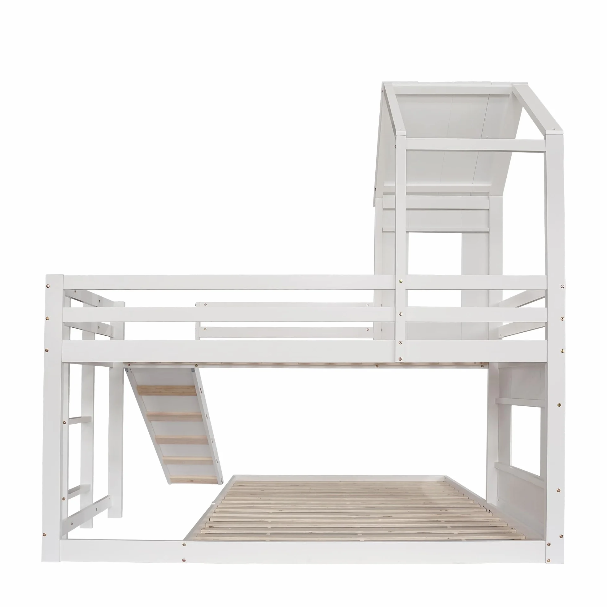 Azkoeesy Litera Infantil con Tobogán (90 x 200 y 140 x 200) - Cama Familiar en Forma de casa con somier/anticaídas para niños y Adultos, Cama de Invitados, Cama Juvenil, Madera de Pino, Color Blanco