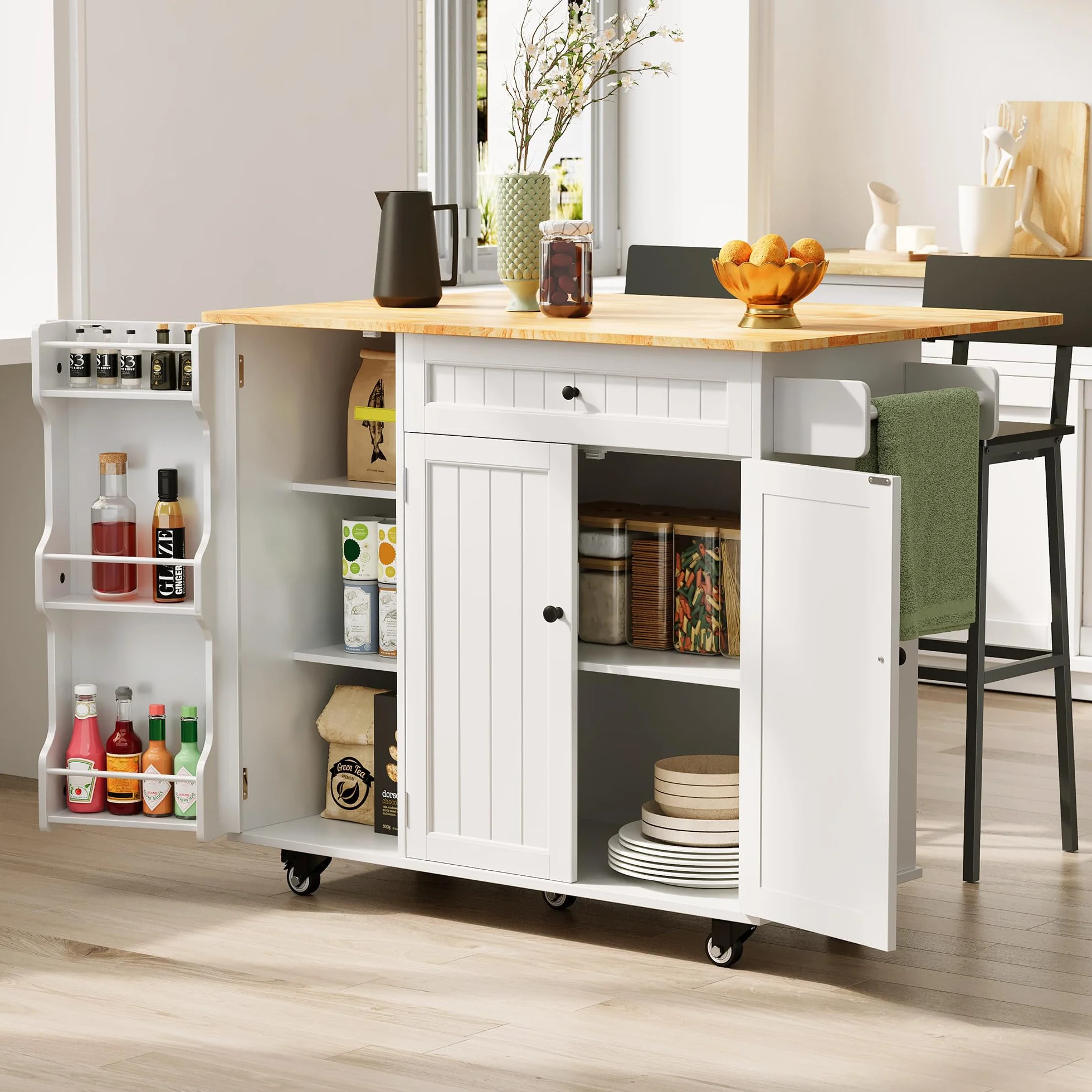 Xbro Isla Cocina con Ruedas, Mueble Auxiliar Cocina con Tablero Abatible, 1 Cajón y Estante, Isla de Cocina Compacta y Versátil, 130 x 75 x 88 cm, Blance