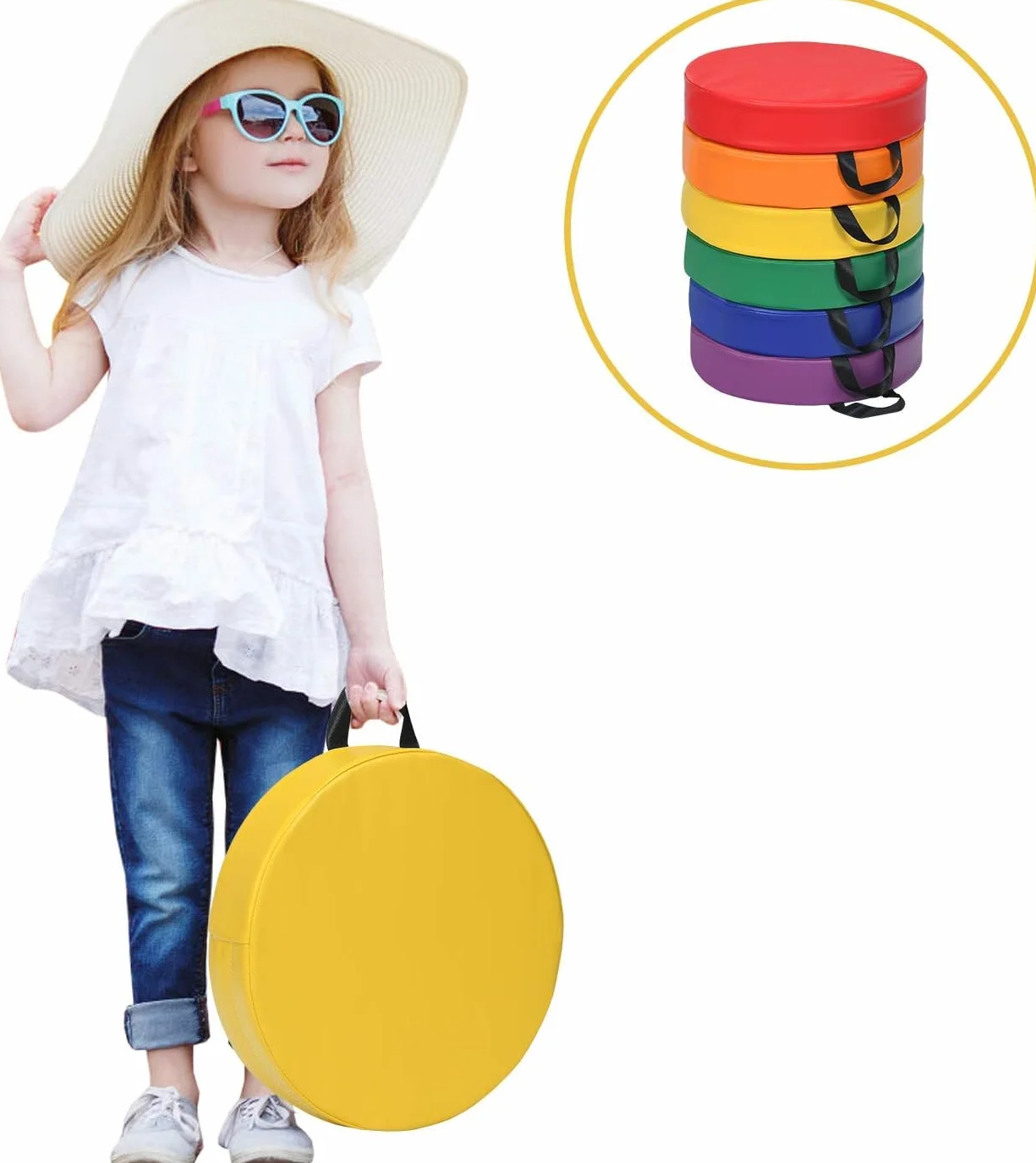 GOPLUS Juego de 6 Cojines para Silla Infantil, Cojín de Suelo con Asa, Piel Sintética y Espuma, Multicolor