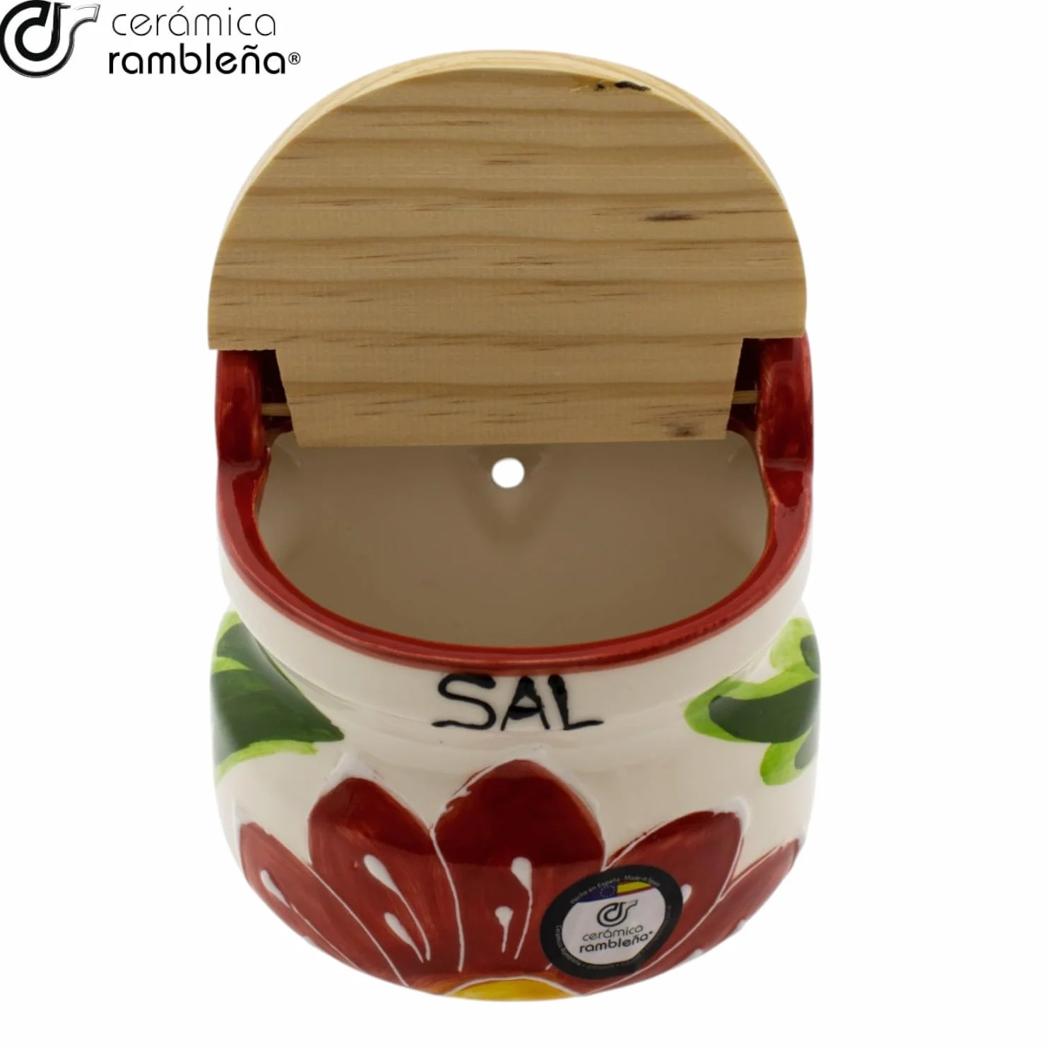 CERÁMICA RAMBLEÑA | Salero cocina | Salero con tapa de madera original | Decoración Modelo 09 | 100% Decorado a Mano