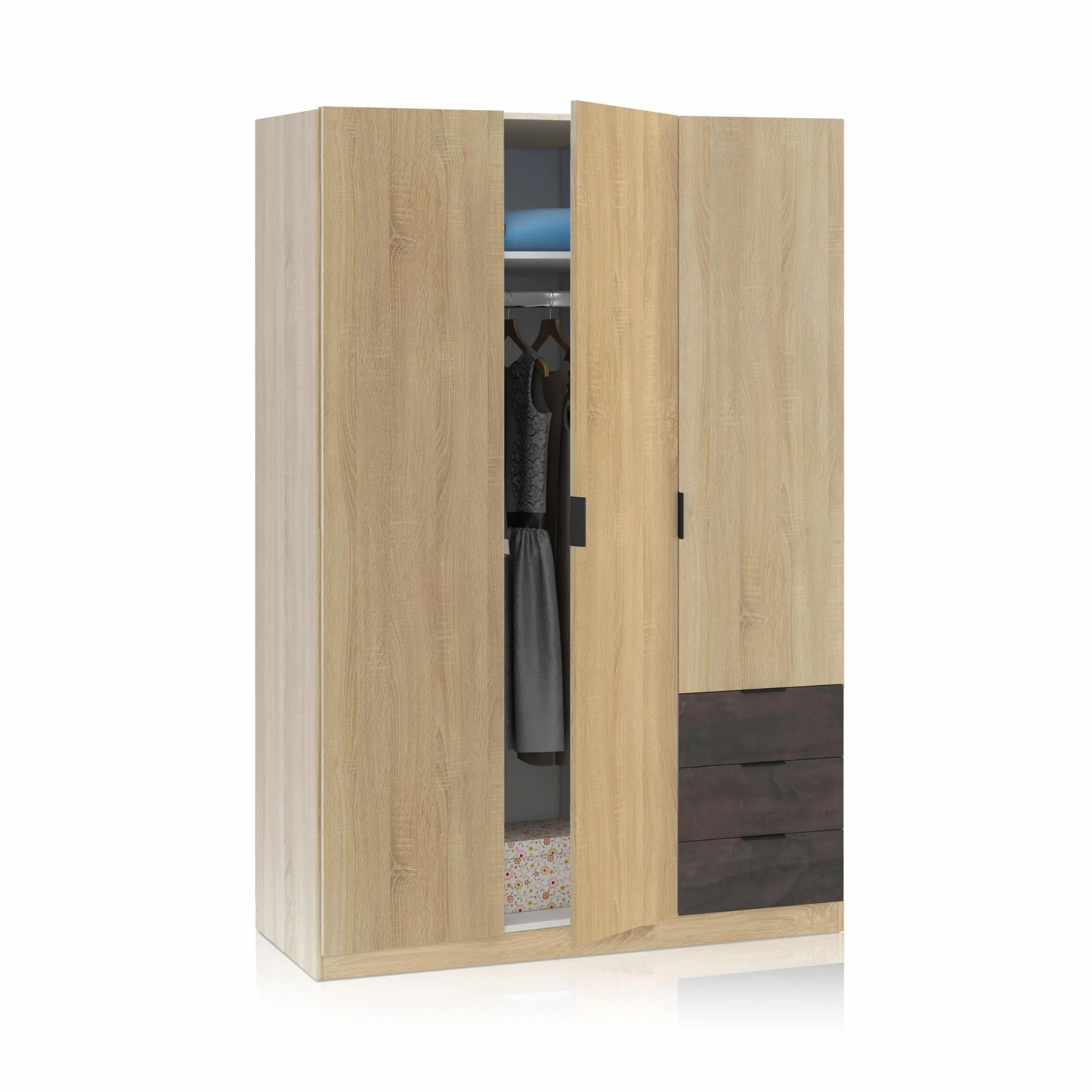 duehome | Armario de 3 Puertas y 3 Cajones, Armario para Dormitorio, Modelo Hexa, Acabado en Roble Canadian y Oxido, Medidas: 121 cm (Largo) x 180 cm (Alto) x 52 cm (Fondo)