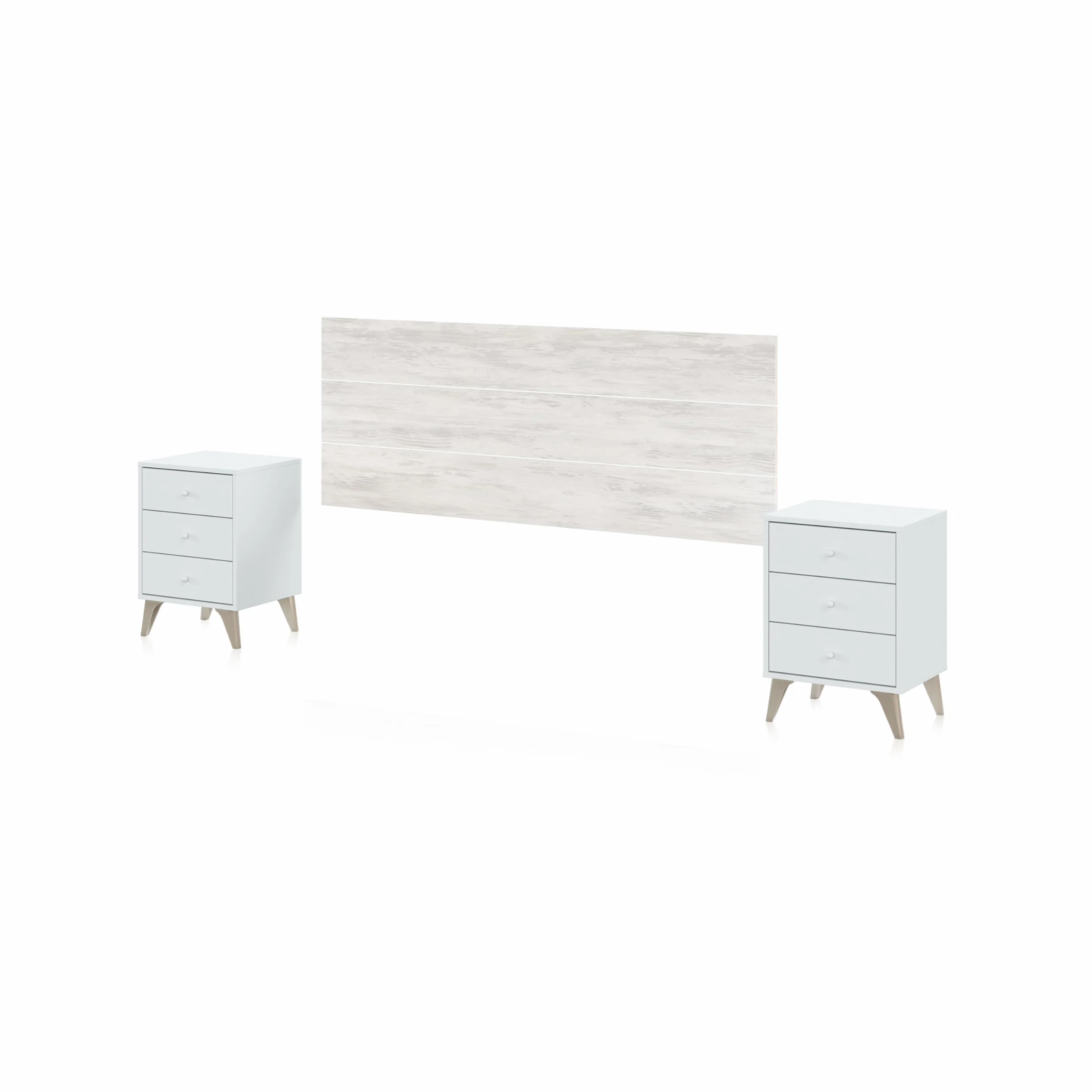 duehome | Pack Cabecero y 2 Mesitas de Noche, Dormitorio Doble, Dormitorio Completo, Modelo Iconic, Acabado en Blanco Artik y Blanco Velho