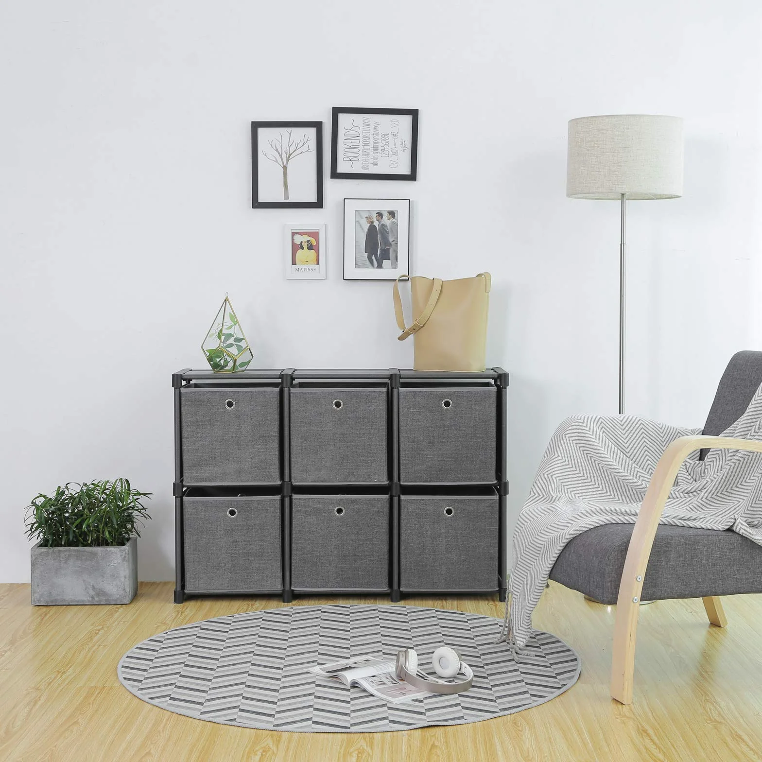 SONGMICS Estantería de 6 Cubos con Cajas de Tela, Organizador Multiusos, Metal, 30 x 105 x 105 cm, Negro LSN66BK