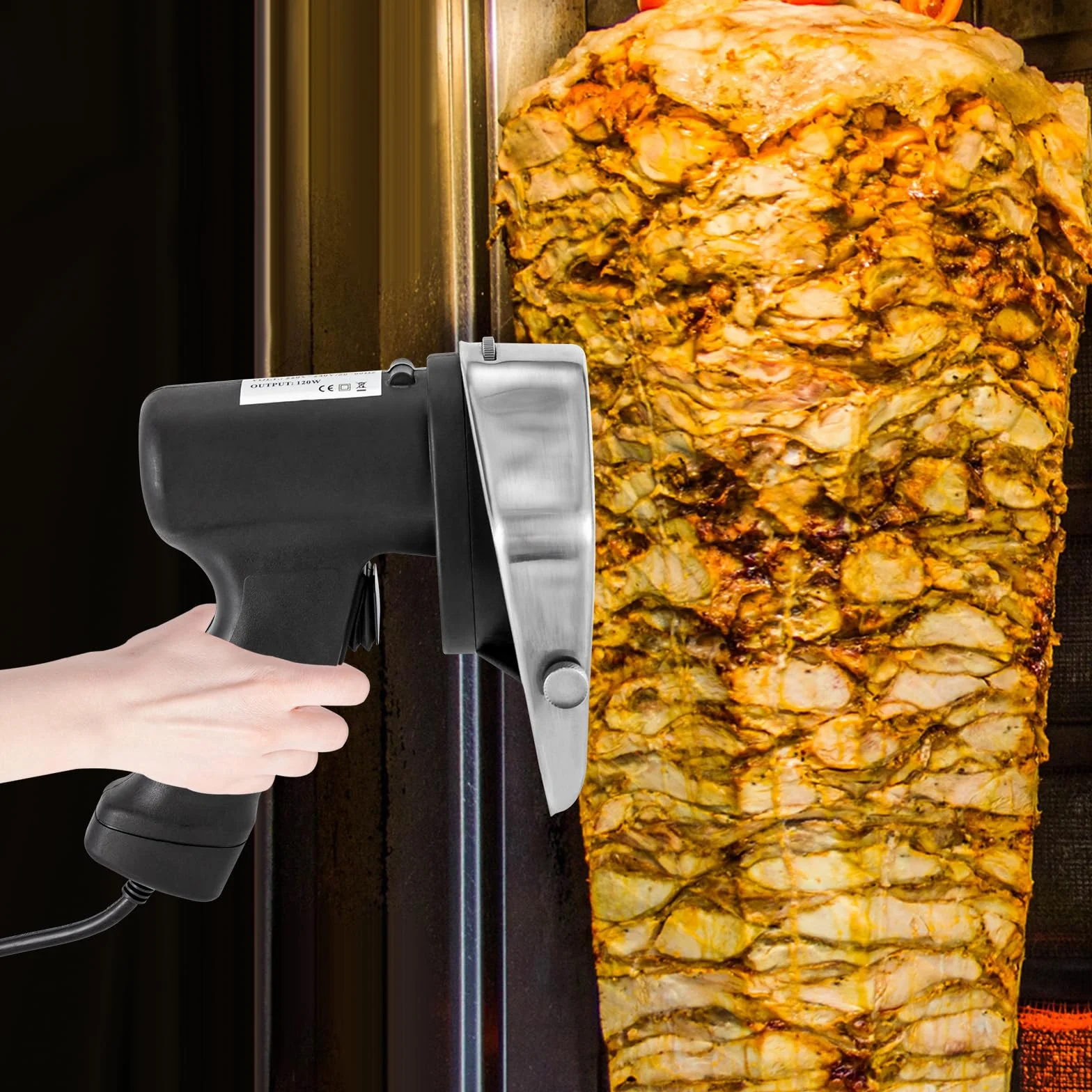 Cuchillo de kebab eléctrico de 120 W, grosor de corte 0-10 mm, cortador de kebab de acero inoxidable, para tiendas de carne asada, restaurantes, familias, etc
