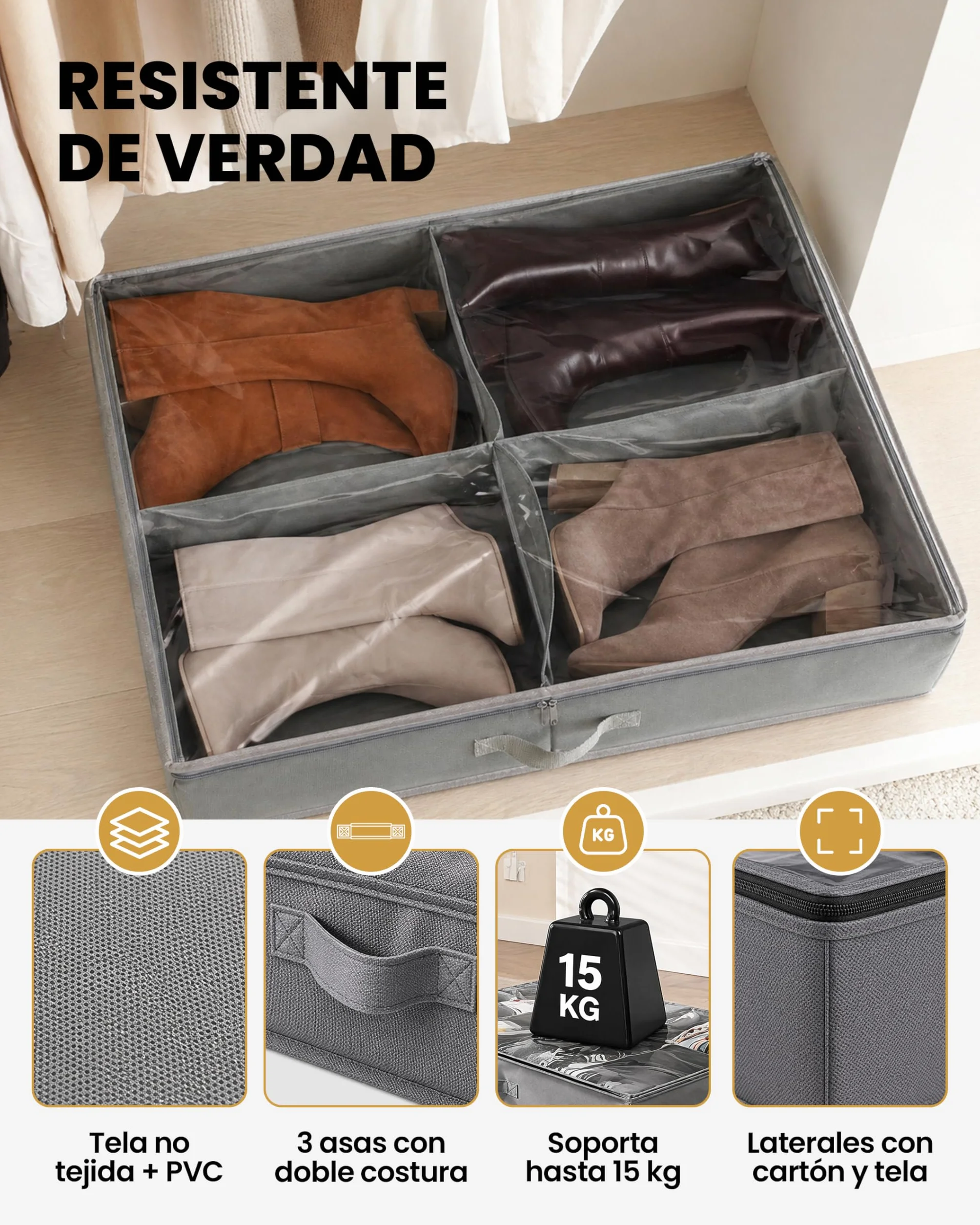 Organizadores de Zapatos Debajo de la Cama, Cajas de Almacenaje de Tela no Tejida, Plegables con Tapa Transparente de PVC y 3 Asas