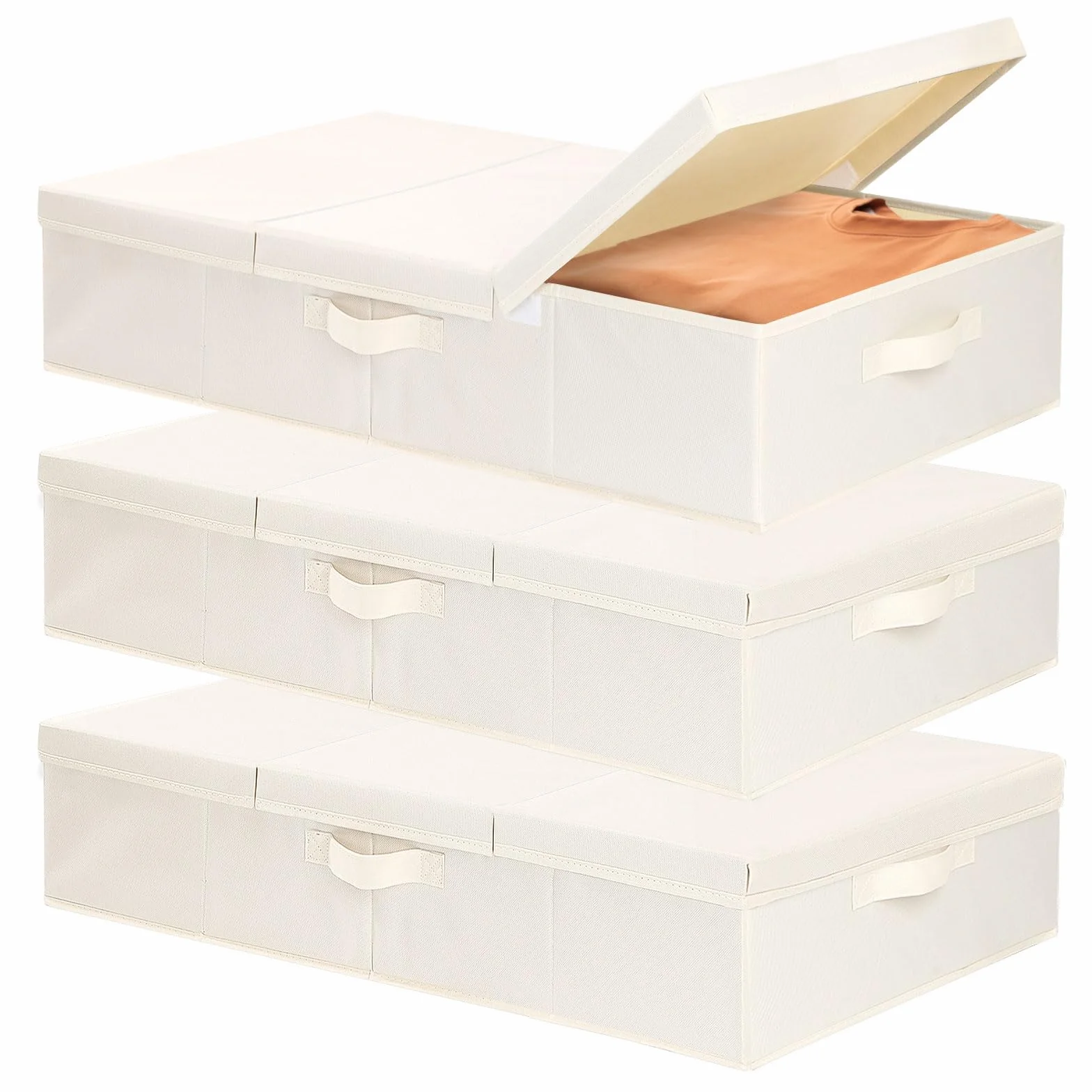 Set de 3 Bolsas Almacenaje Ropa con Tapa,Beige,60×30×15cm | Contenedores de Almacenamiento Tela, Almacenaje Bajo Cama, Cajas Organizadoras para Guardar Mantas, Edredones