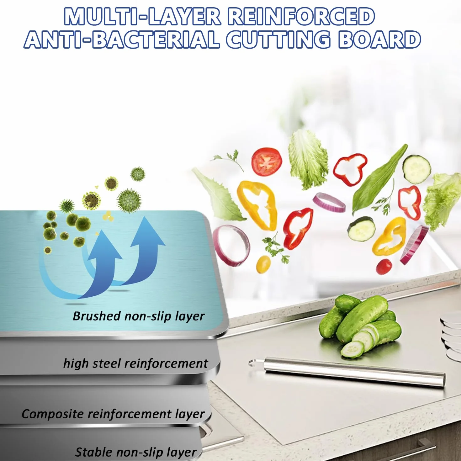 Tabla de Cortar Acero Inoxidable 50 x 50 cm, Tablas de Cocina con Borde de Parada, Uso a Doble Cara - Antibacteriana y Fácil de Limpiar, Stainless Steel Cutting Board para Carne, Frutas, Verduras, Pan