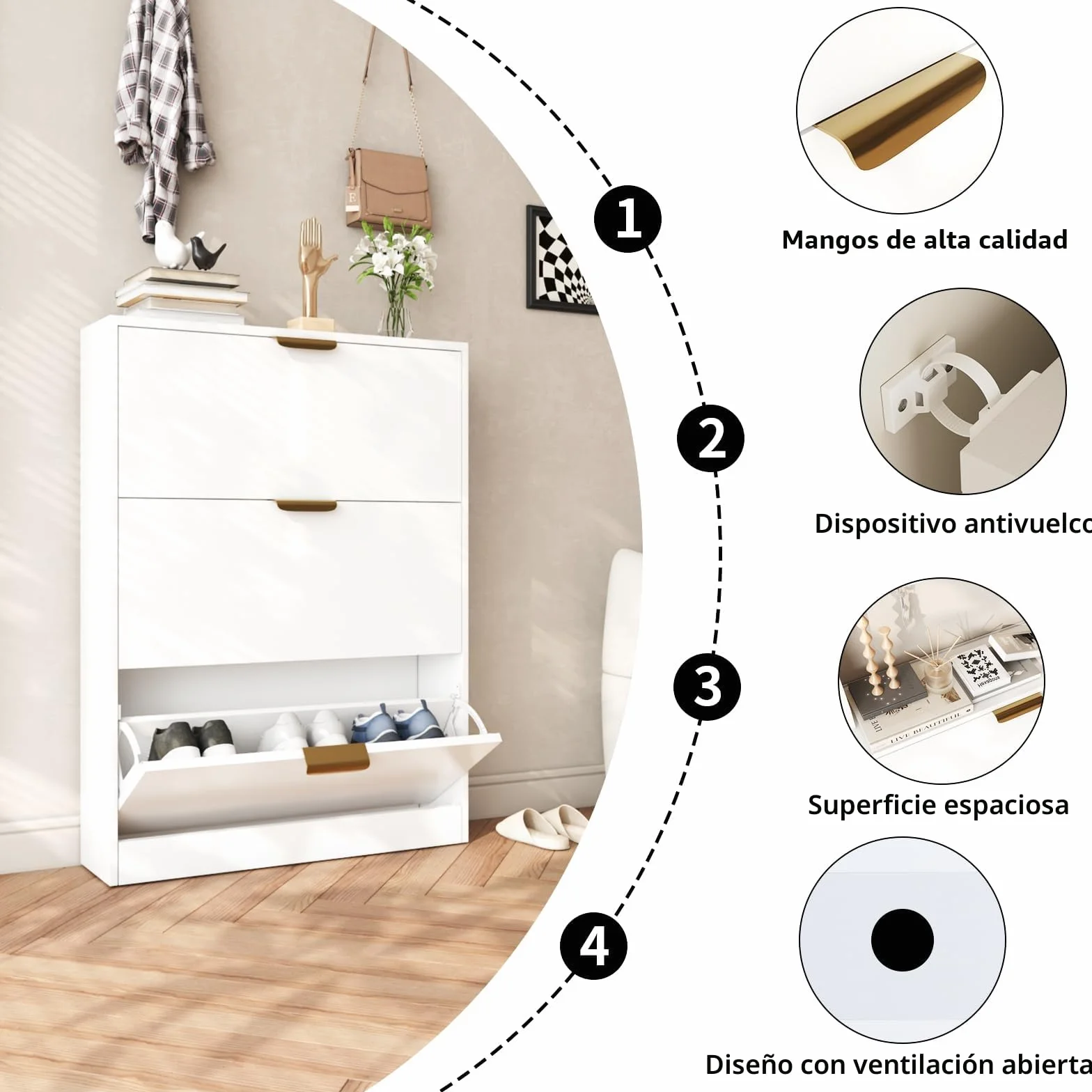 VOWNER Zapatero 3 Puertas, Zapatero Entrada Recibidor, 80 x 17 x 108 cm (Largo x Ancho x Alto), Blanco, Madera, para Entrada Estrecha, Pasillo