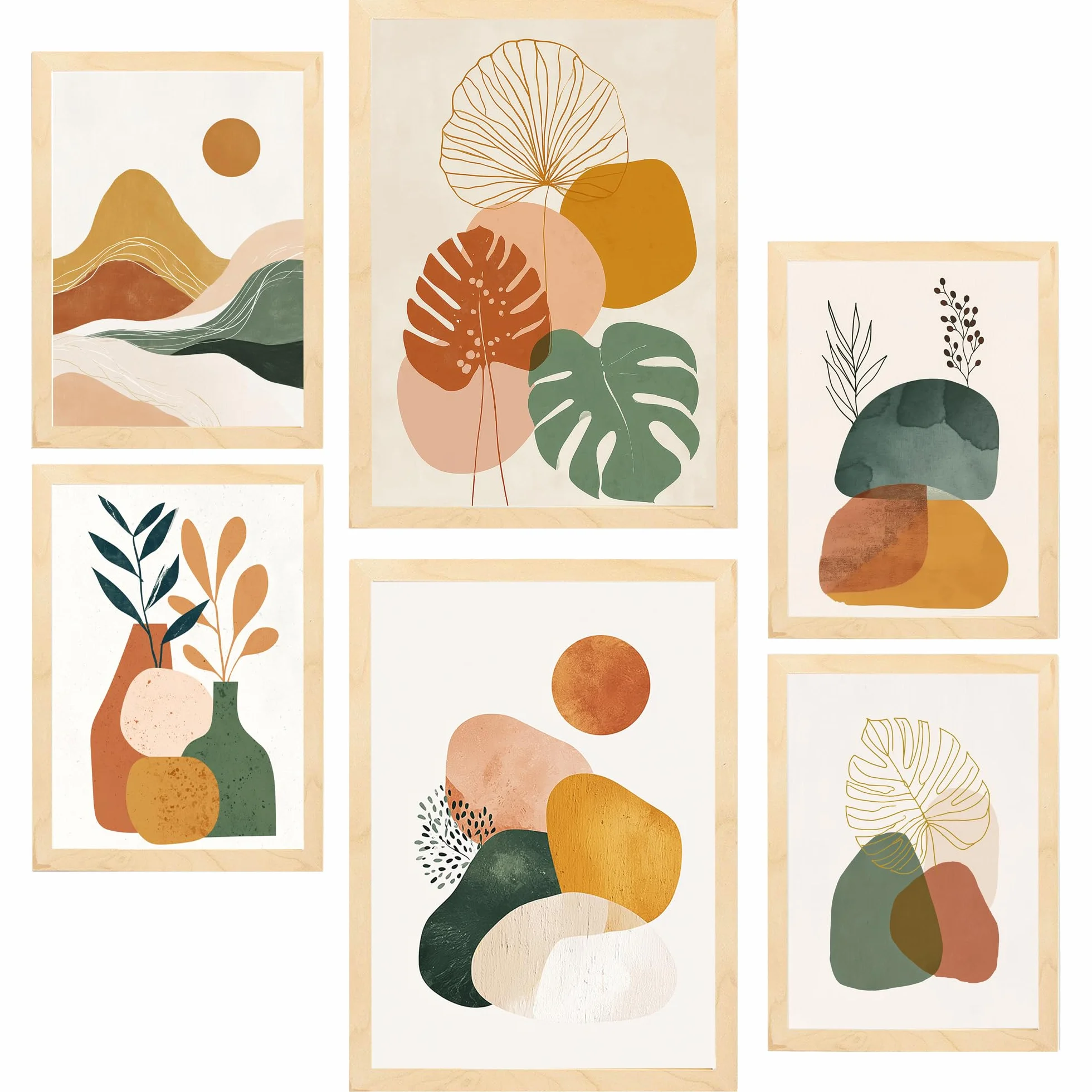 Nacnic 6 Laminas Decorativas Pared. Posters Abstractos. Cuadros Decoracion Salon Modernos. Decoracion Pared lienzos decorativos Tamaño A3 & A4 Marco madera clara
