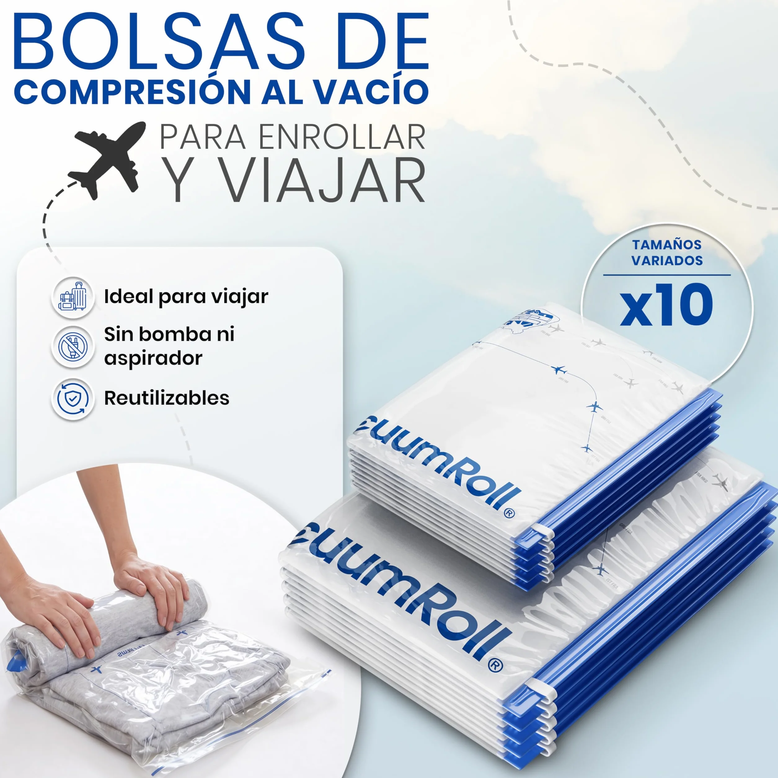 Bolsas de Compresión para Viajar myHodo, 10 Piezas (5x 60x40cm 5x 50x35cm), Almacenamiento al Vacío