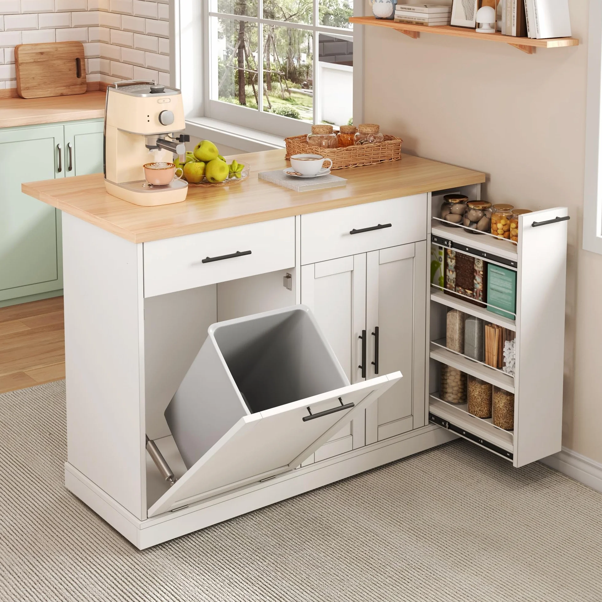 Isla de cocina con encimera plegable, armario de basura y ruedas con bloqueo, estante para especias de 4 niveles, 2 cajones, 120 × 45 (70) × 93 cm, color blanco