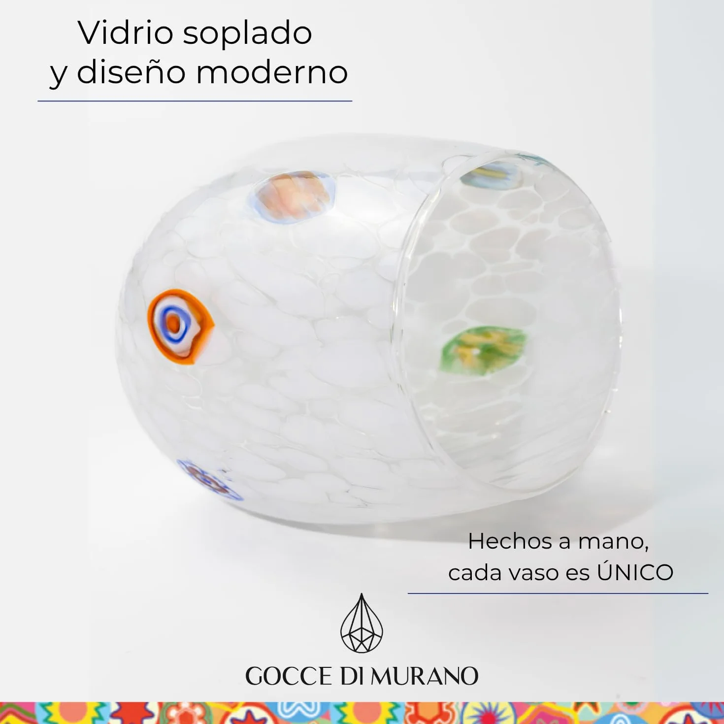 Gocce di Murano - Juego de 6 vasos de agua (300 ml, vidrio soplado y trabajado a mano, 300 ml, vidrio de arco iris, lluvia