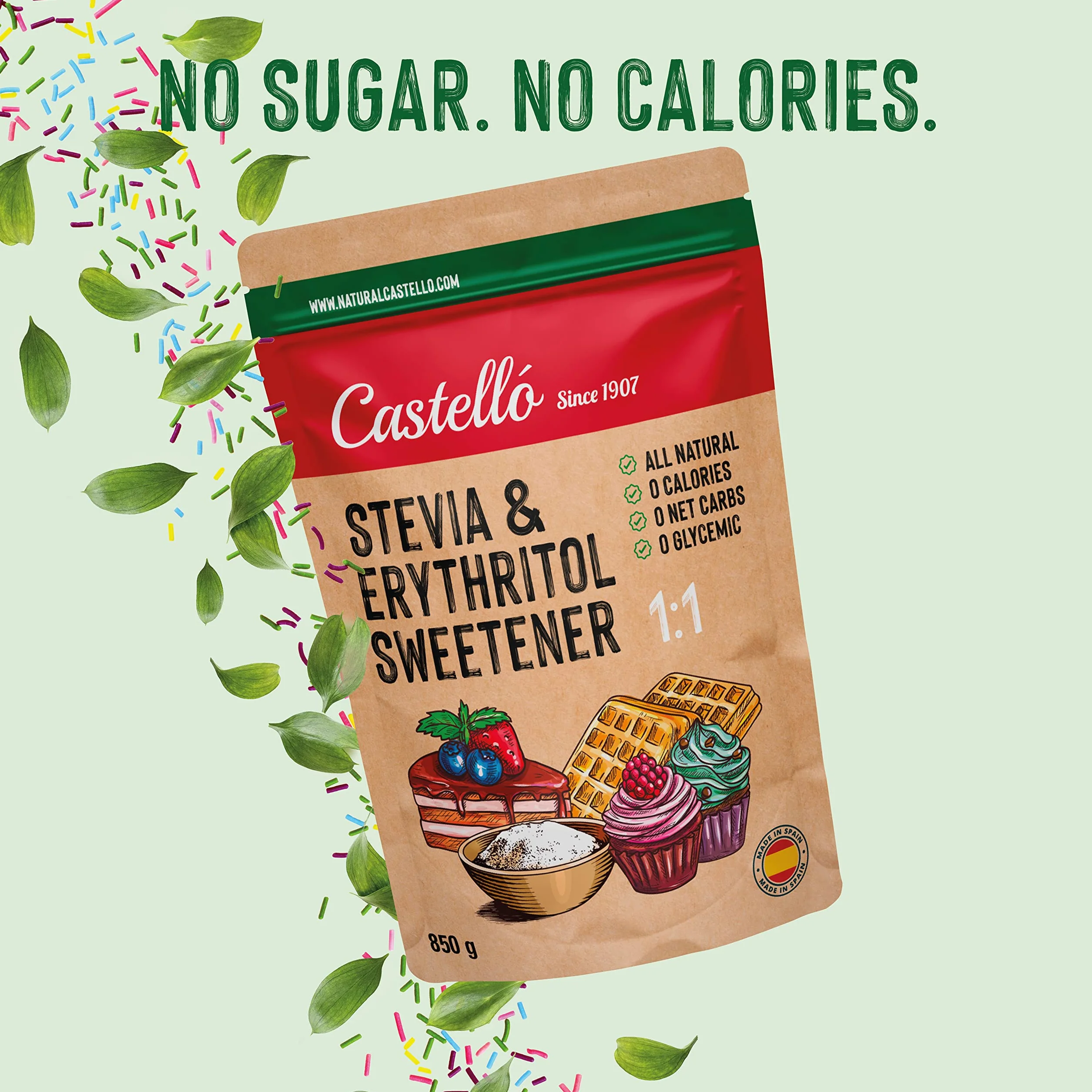 Castello Stevia Eritritol 1:1 850 g Sustituto del Azúcar 100% Natural 0 Calorías Keto Paleo